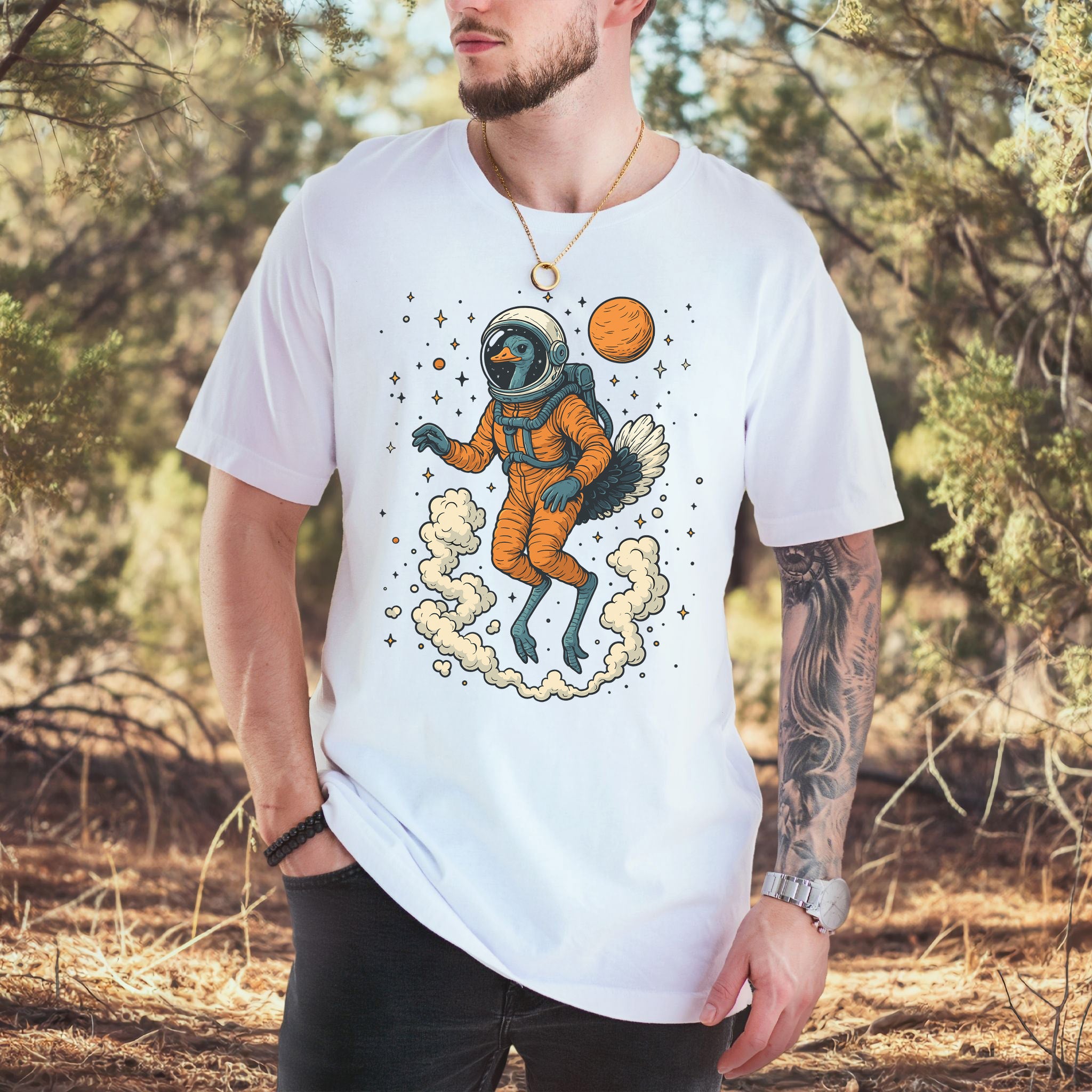Astronaut Ostrich Space T-Shirt – Retro Cosmic Bird Nerd Tee