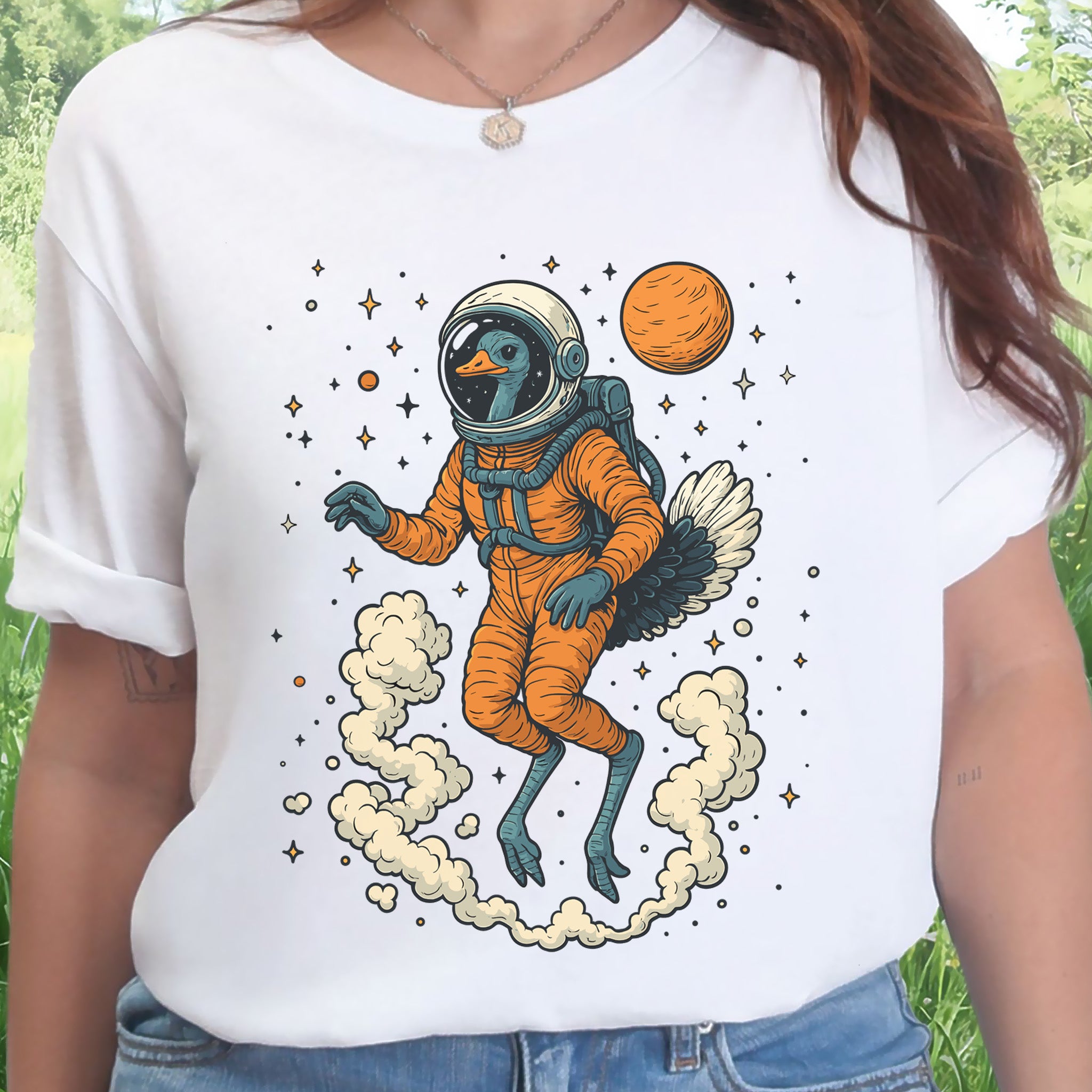 Astronaut Ostrich Space T-Shirt – Retro Cosmic Bird Nerd Tee