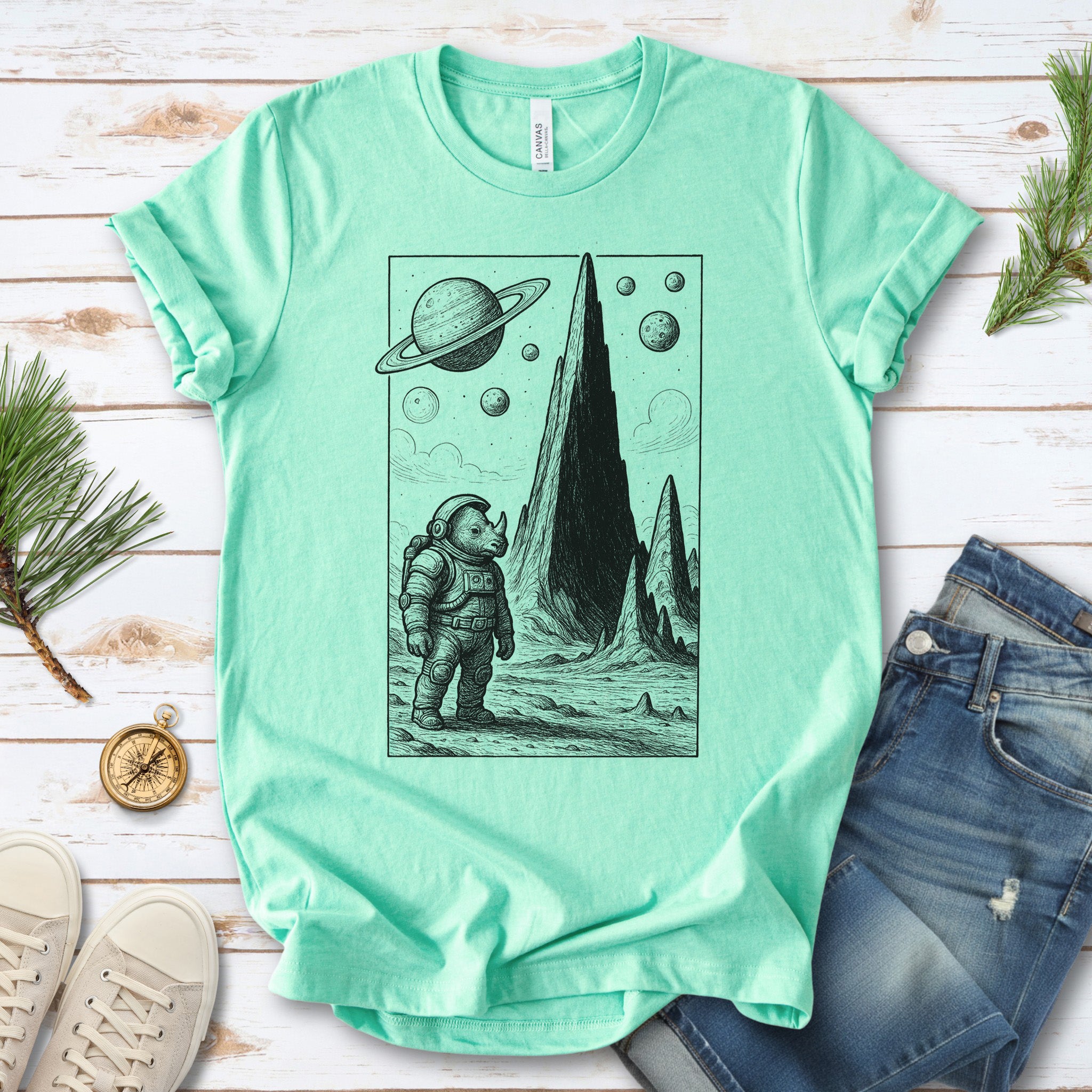 Astronaut Rhino T-Shirt – Retro Safari Space Adventure Tee