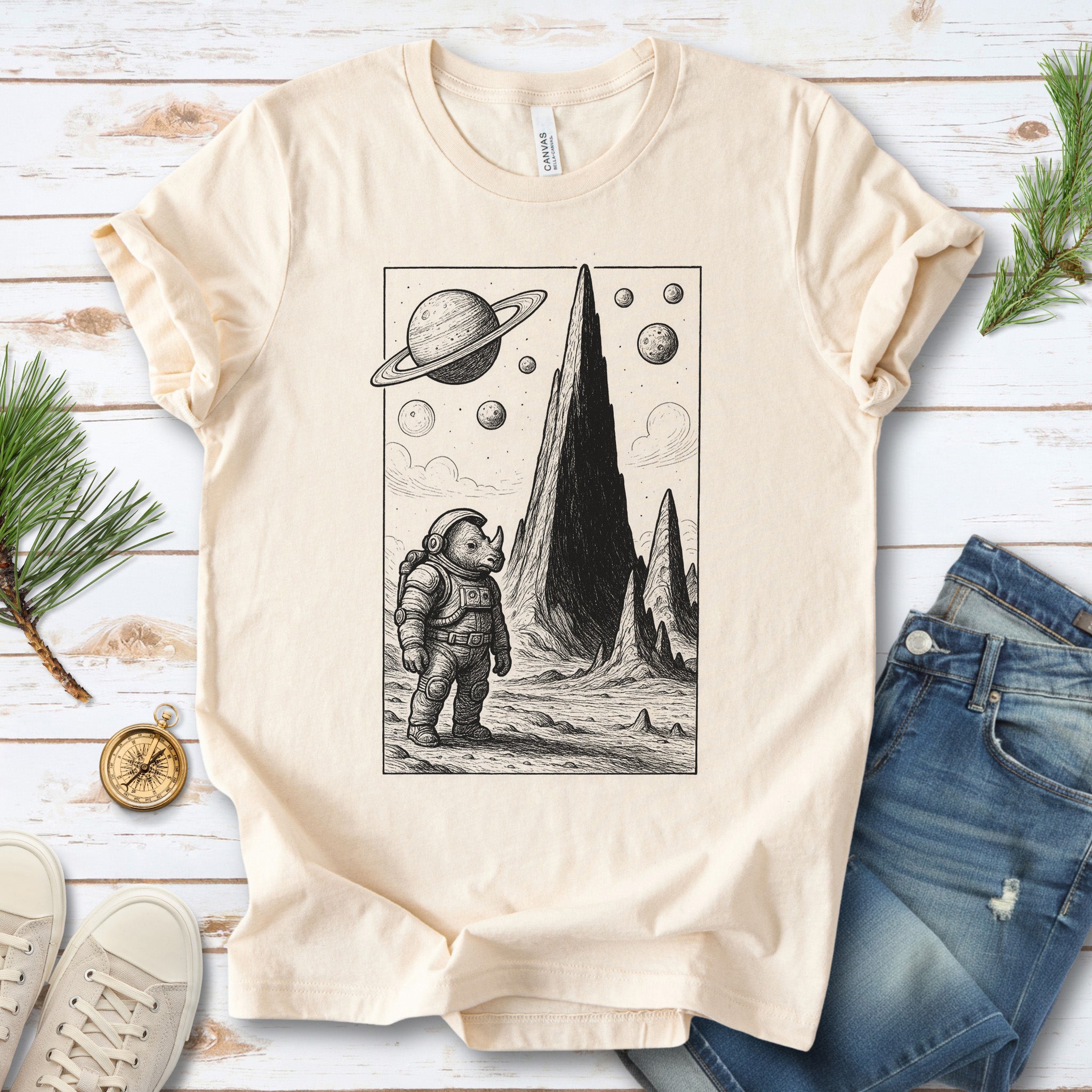 Astronaut Rhino T-Shirt – Retro Safari Space Adventure Tee