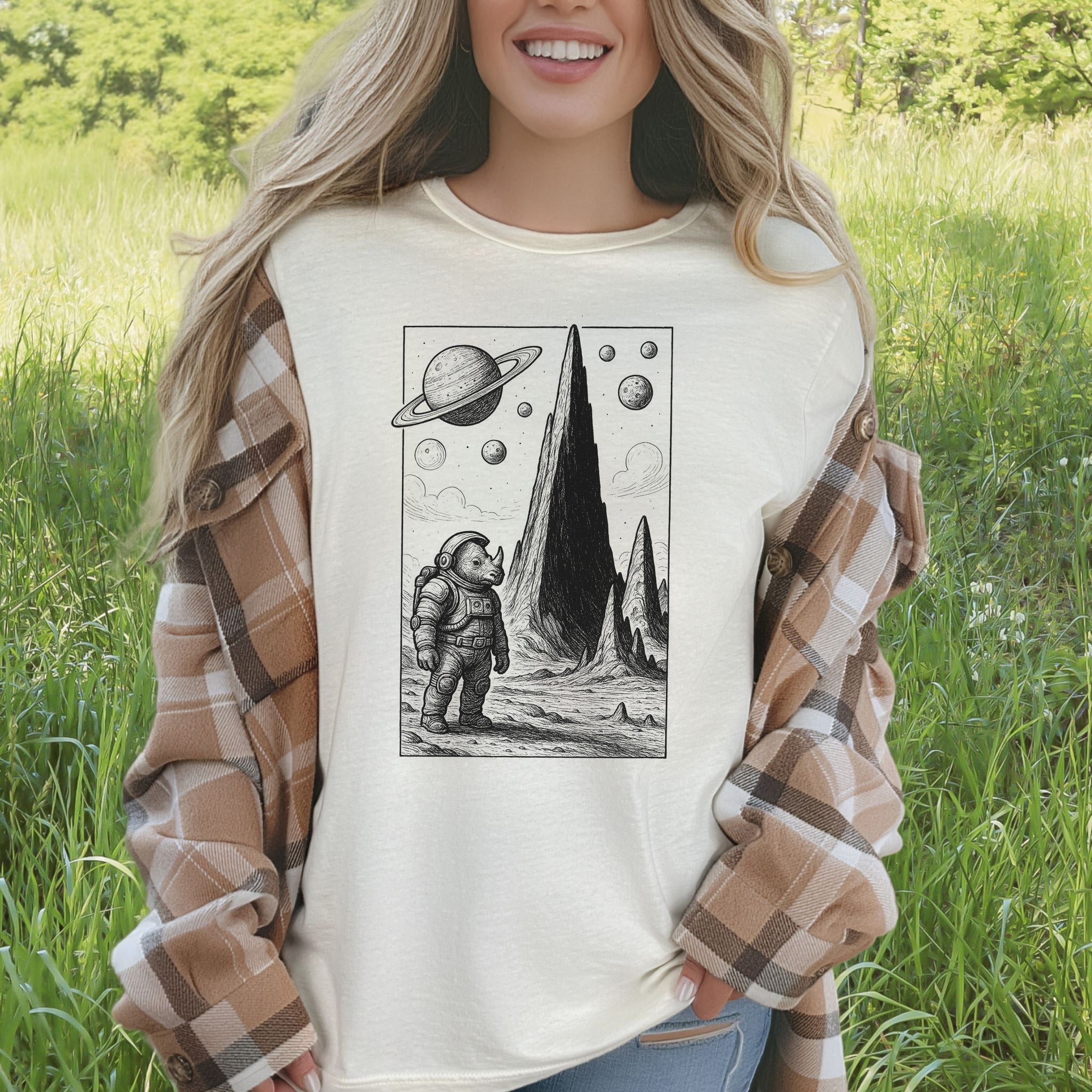 Astronaut Rhino T-Shirt – Retro Safari Space Adventure Tee