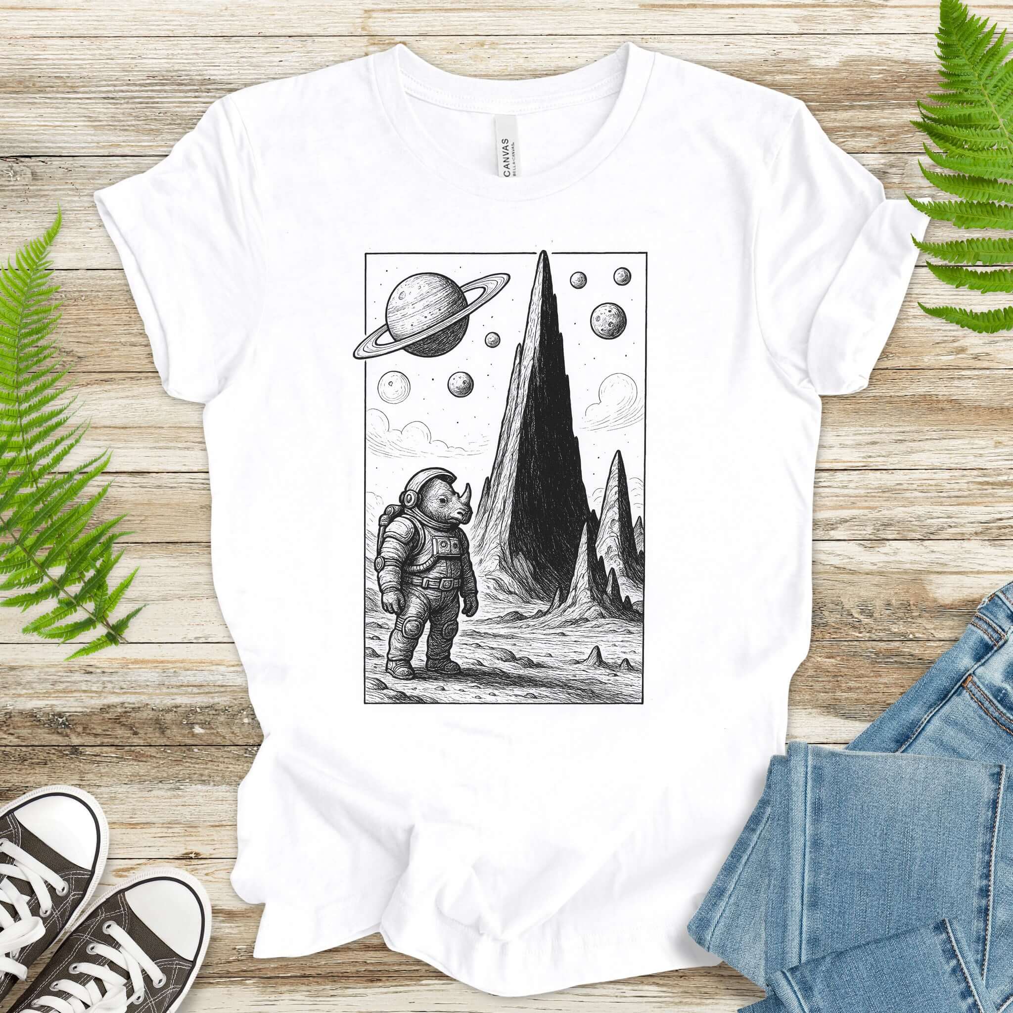 Astronaut Rhino T-Shirt – Retro Safari Space Adventure Tee