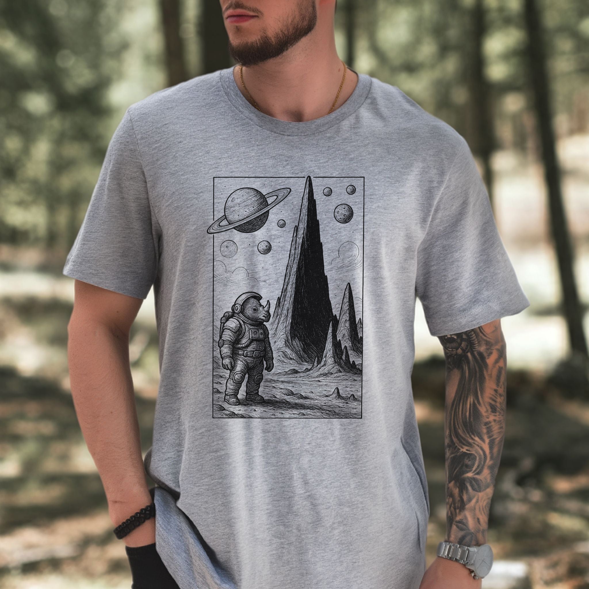 Astronaut Rhino T-Shirt – Retro Safari Space Adventure Tee