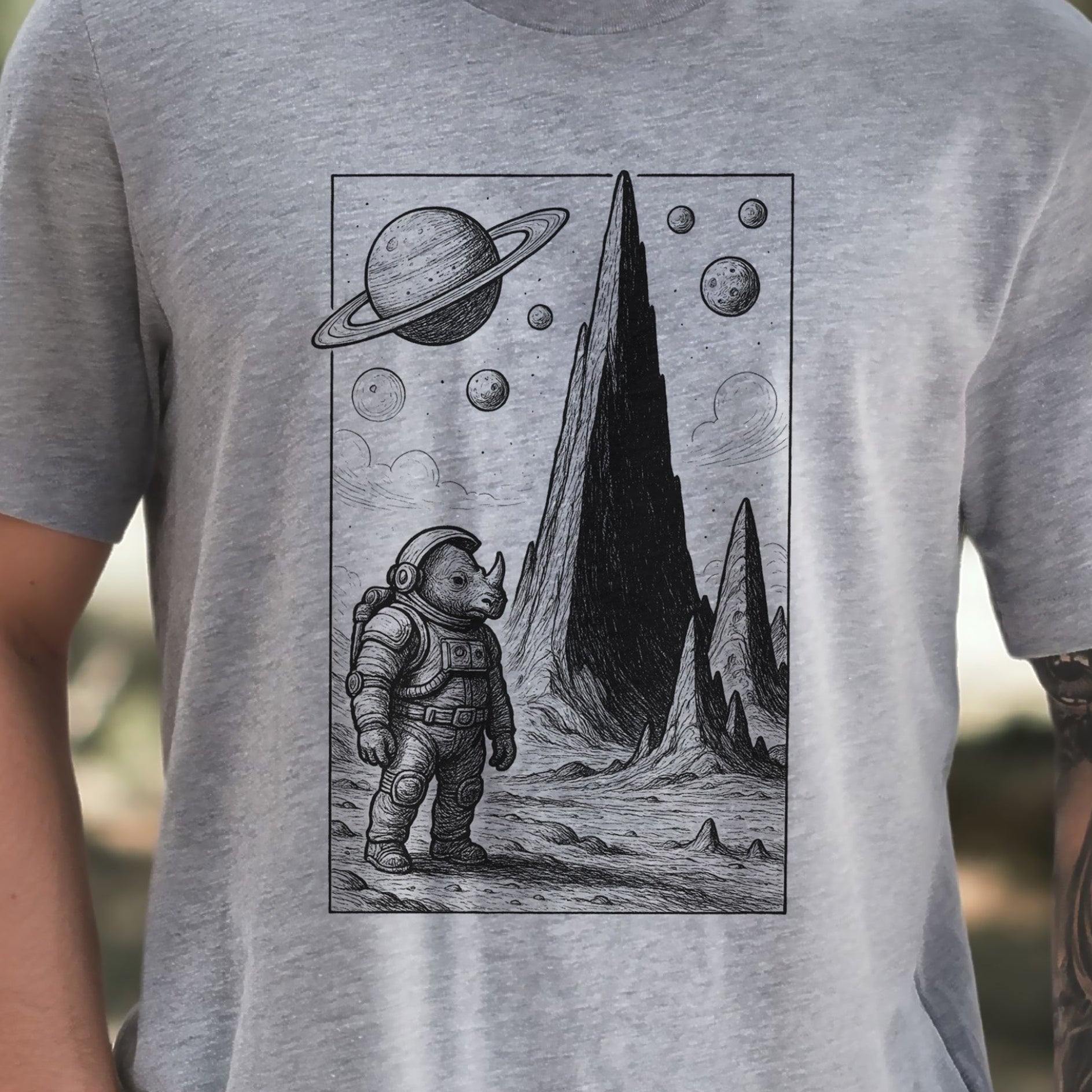 Astronaut Rhino T-Shirt – Retro Safari Space Adventure Tee
