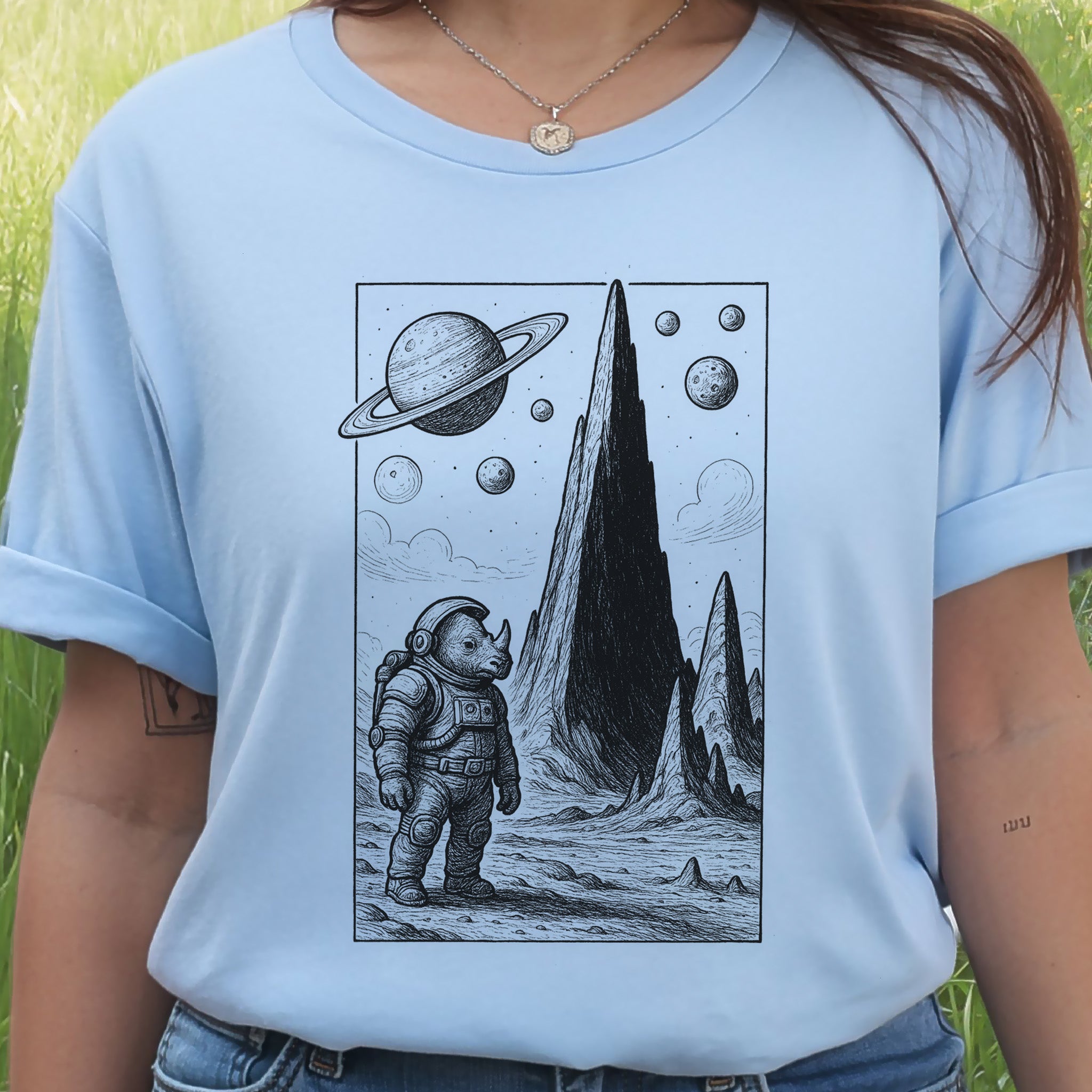 Astronaut Rhino T-Shirt – Retro Safari Space Adventure Tee