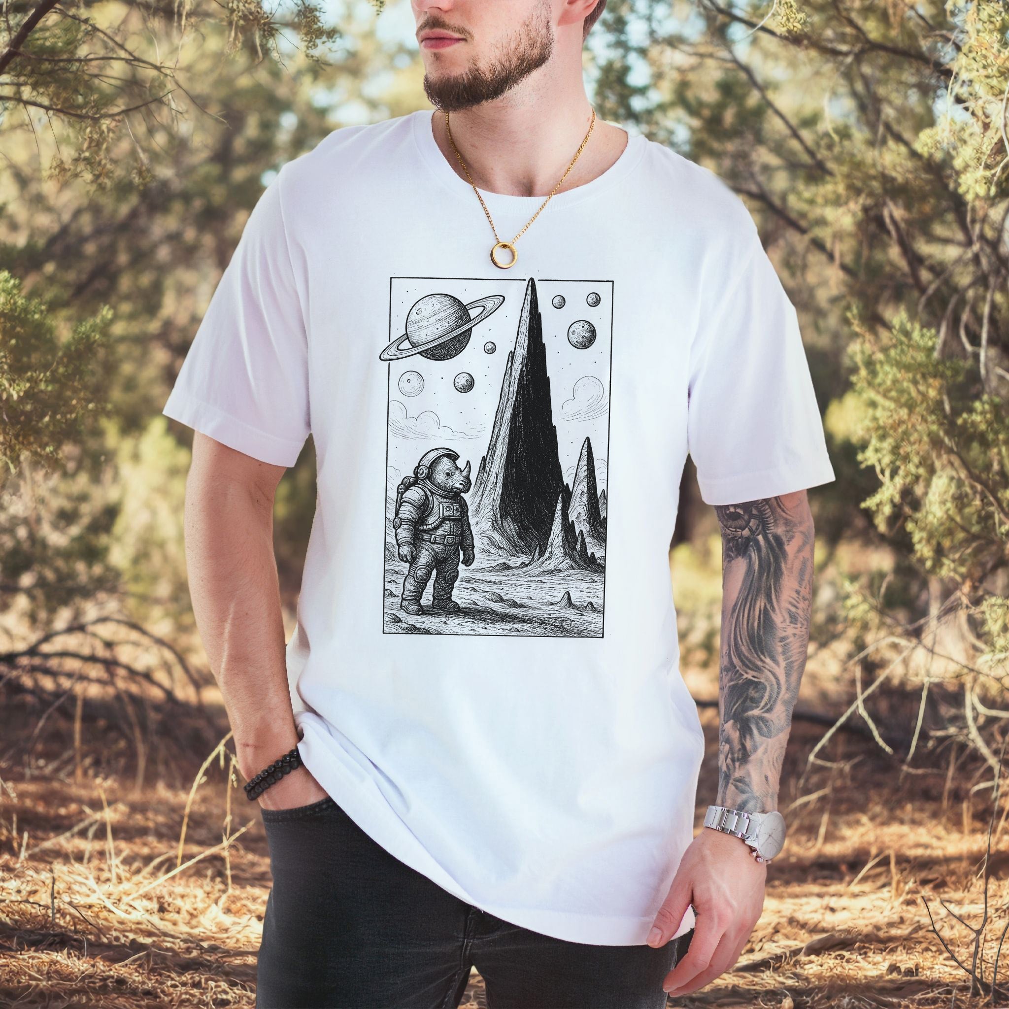 Astronaut Rhino T-Shirt – Retro Safari Space Adventure Tee