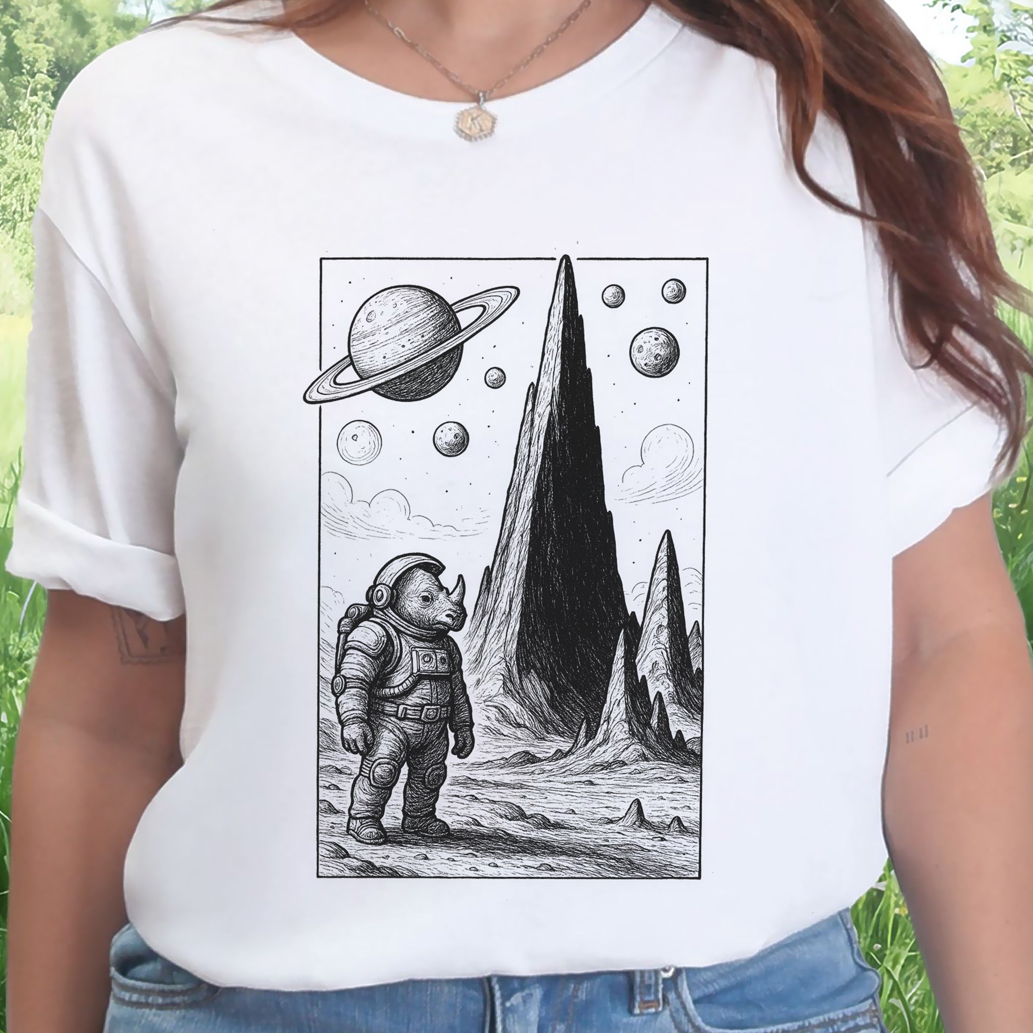 Astronaut Rhino T-Shirt – Retro Safari Space Adventure Tee