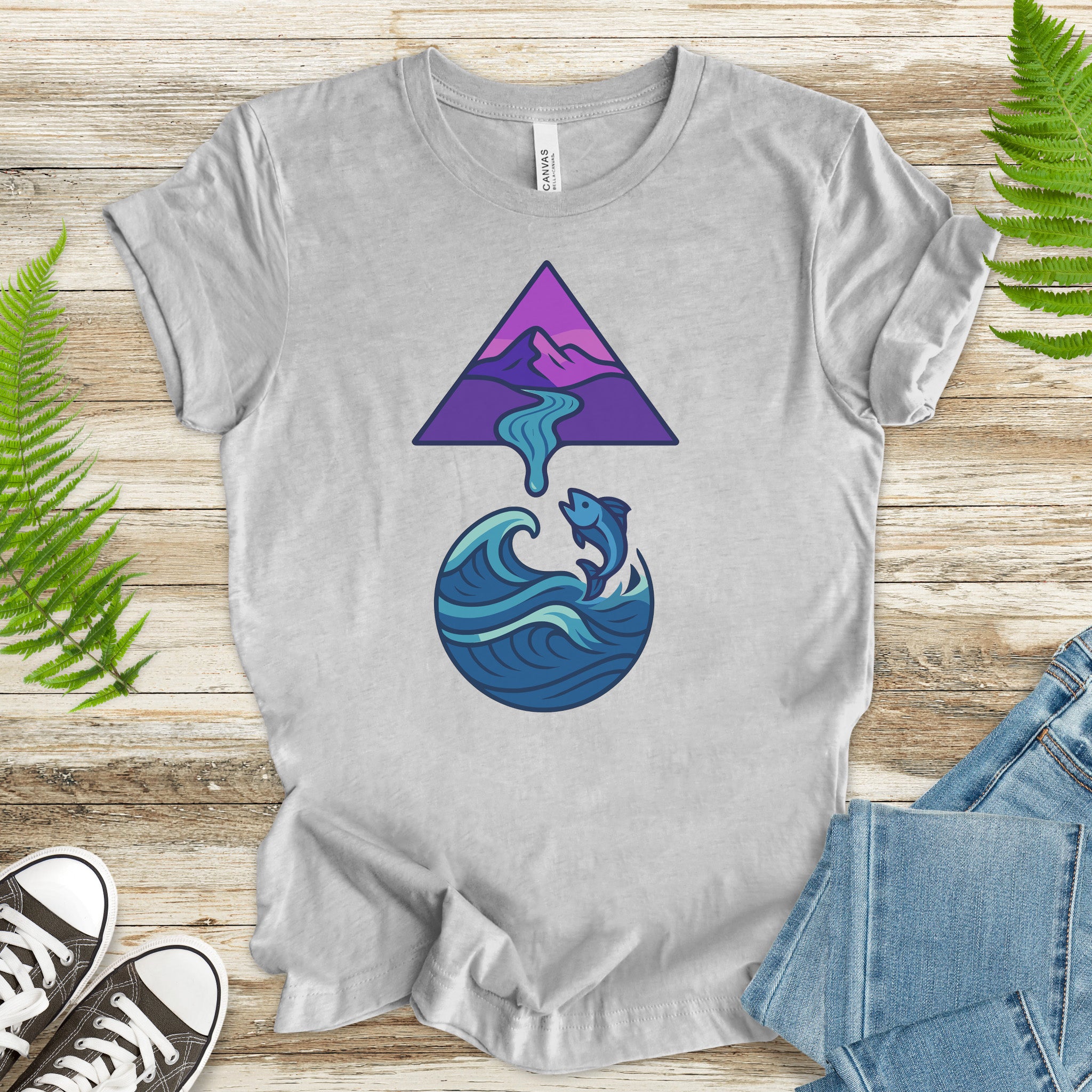 Geometric Mountain River & Jumping Fish T-Shirt – Nature & Fishing Art Tee