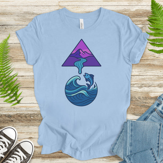 Geometric Mountain River & Jumping Fish T-Shirt – Nature & Fishing Art Tee