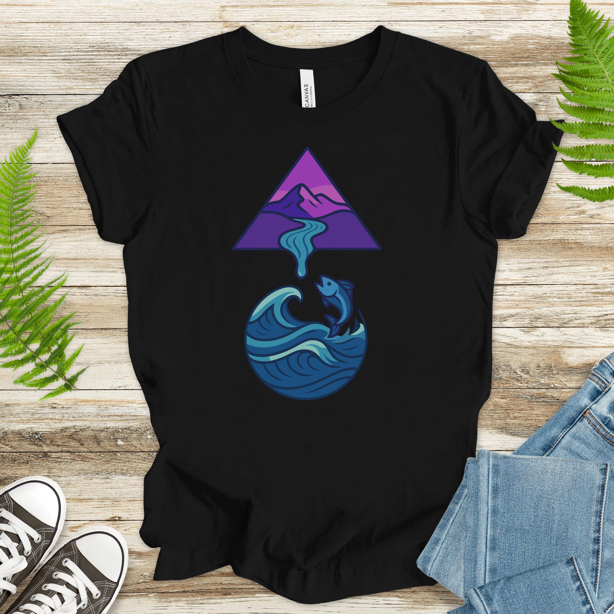 Geometric Mountain River & Jumping Fish T-Shirt – Nature & Fishing Art Tee
