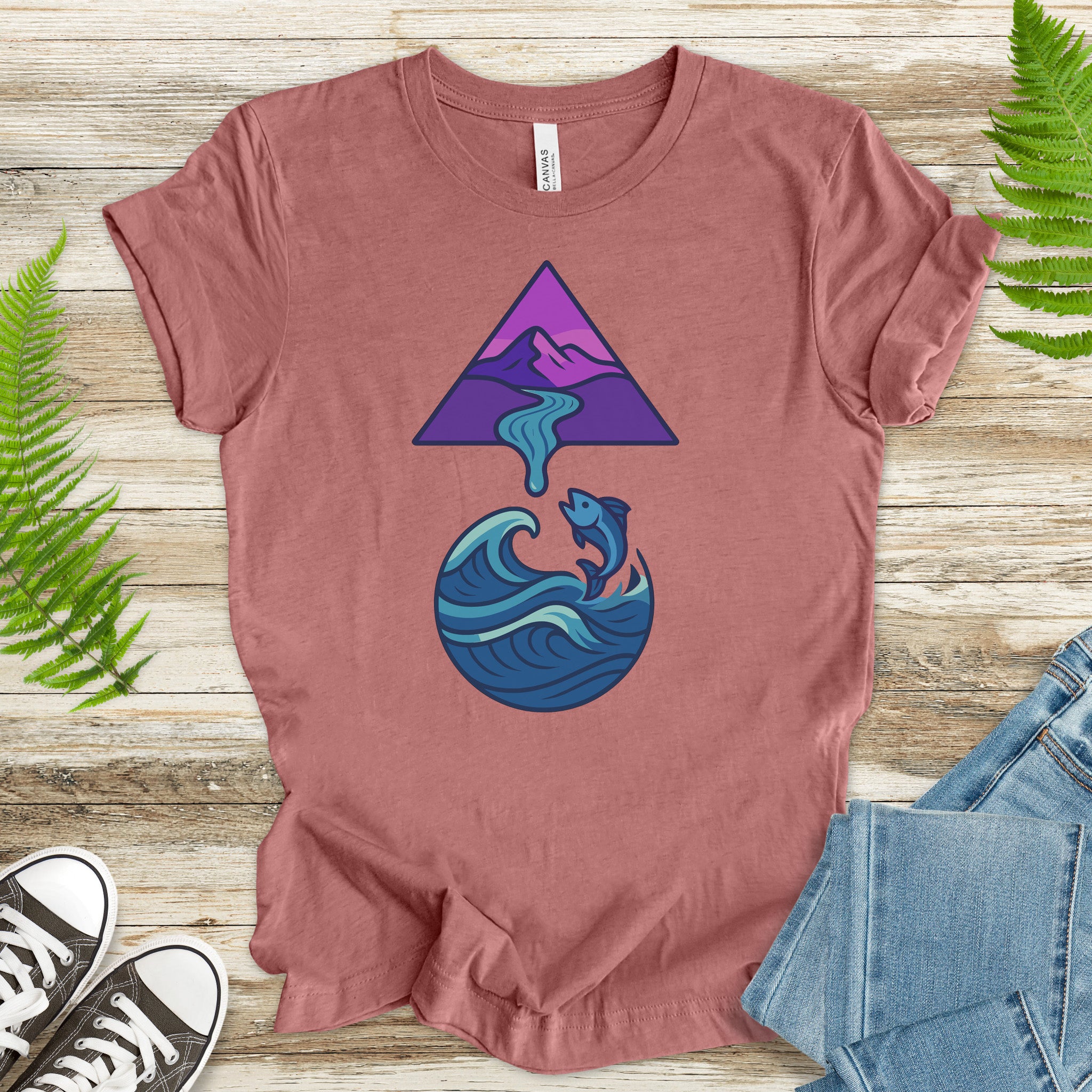 Geometric Mountain River & Jumping Fish T-Shirt – Nature & Fishing Art Tee