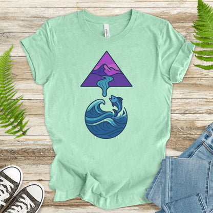 Geometric Mountain River & Jumping Fish T-Shirt – Nature & Fishing Art Tee