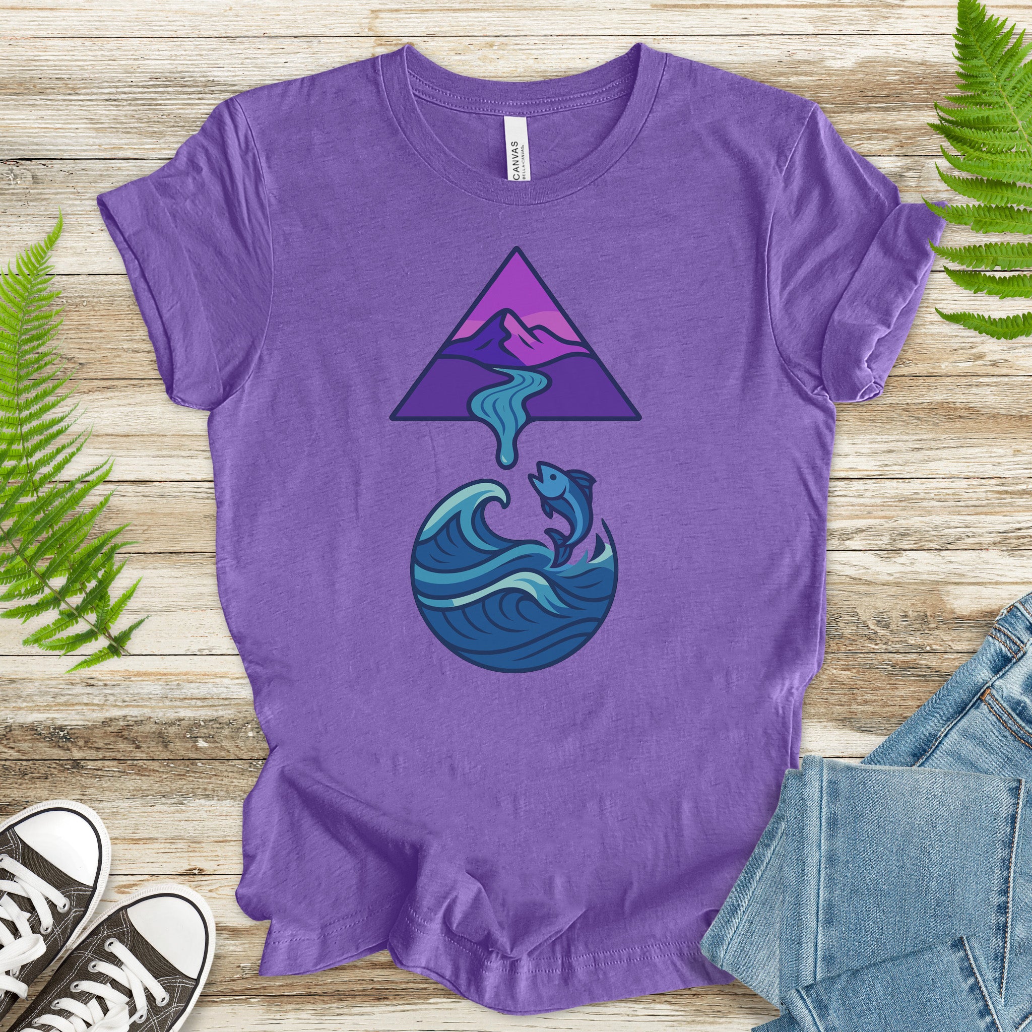 Geometric Mountain River & Jumping Fish T-Shirt – Nature & Fishing Art Tee