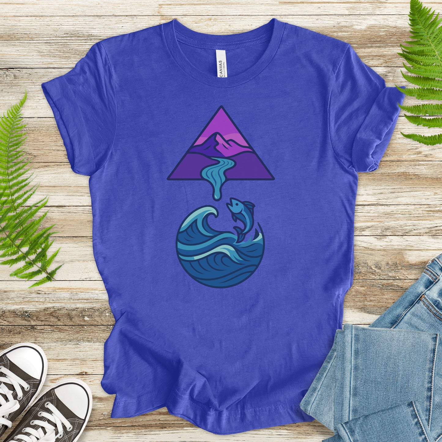 Geometric Mountain River & Jumping Fish T-Shirt – Nature & Fishing Art Tee