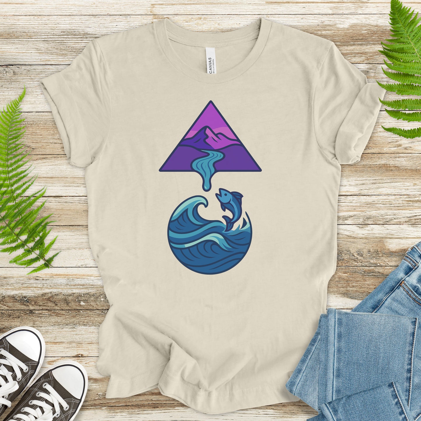 Geometric Mountain River & Jumping Fish T-Shirt – Nature & Fishing Art Tee