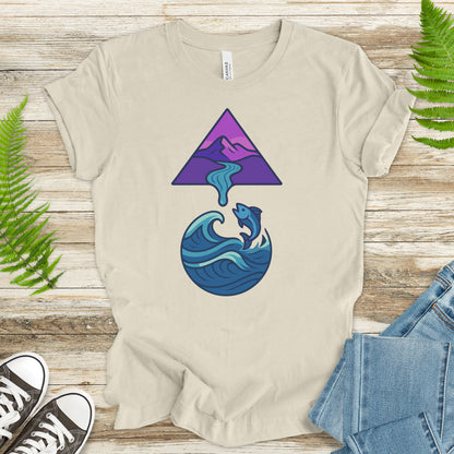 Geometric Mountain River & Jumping Fish T-Shirt – Nature & Fishing Art Tee