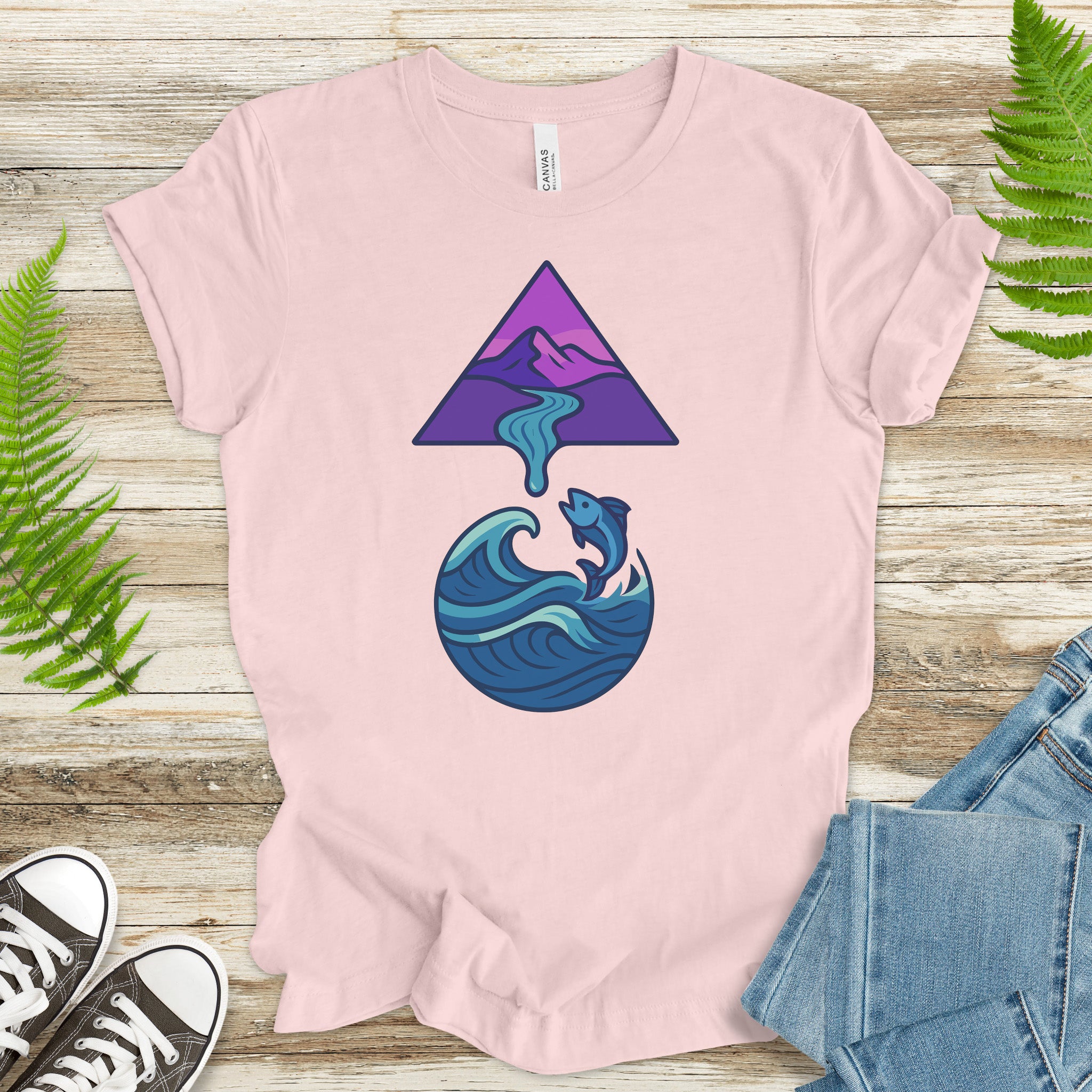 Geometric Mountain River & Jumping Fish T-Shirt – Nature & Fishing Art Tee
