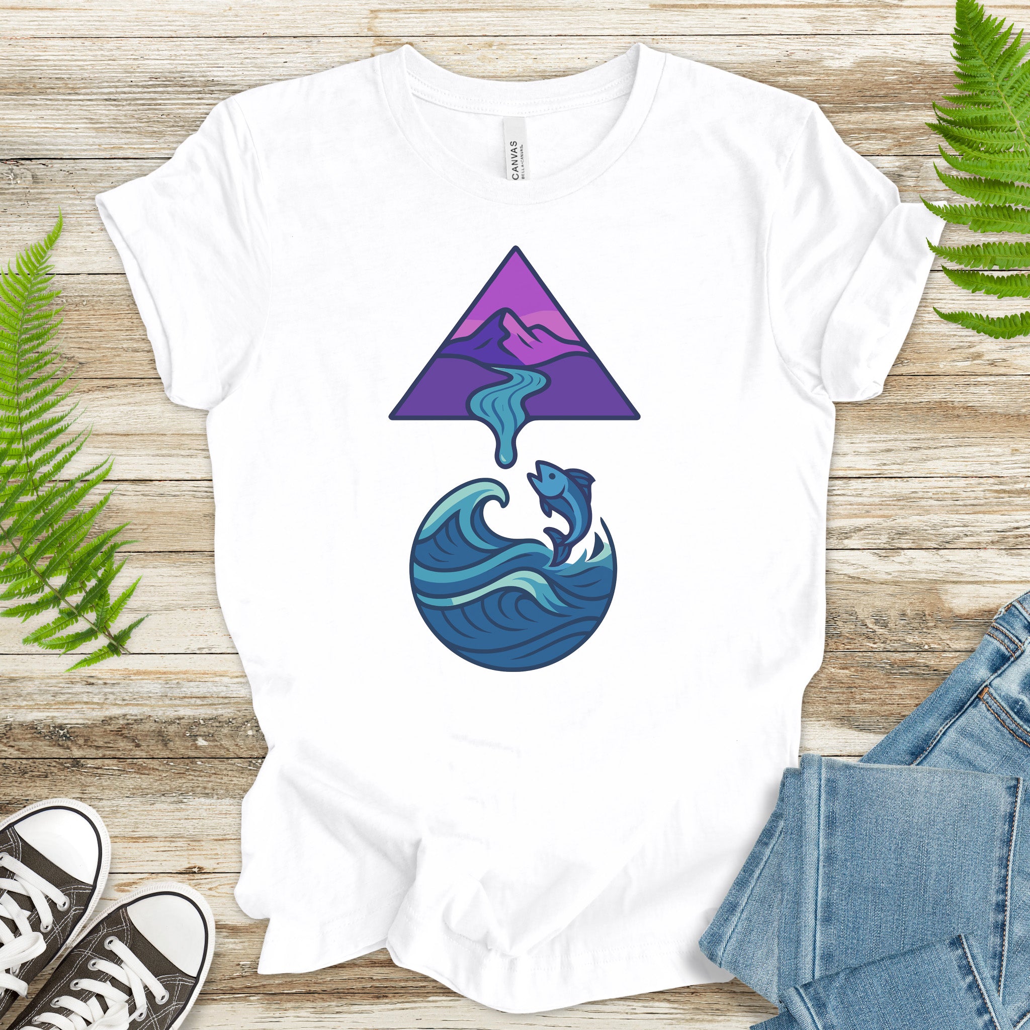 Geometric Mountain River & Jumping Fish T-Shirt – Nature & Fishing Art Tee