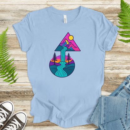 Psychedelic Mountain Waterfall T-Shirt – Colorful Geometric Nature Art Tee