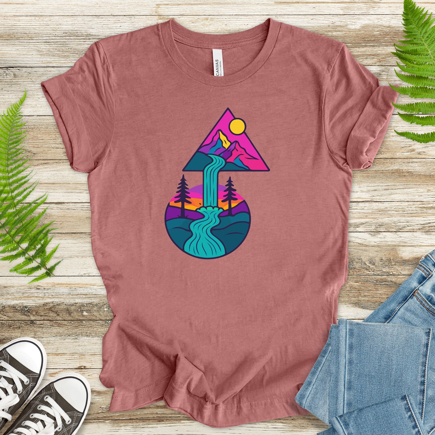 Psychedelic Mountain Waterfall T-Shirt – Colorful Geometric Nature Art Tee