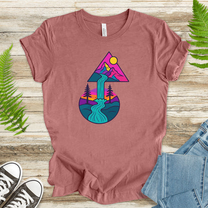 Psychedelic Mountain Waterfall T-Shirt – Colorful Geometric Nature Art Tee