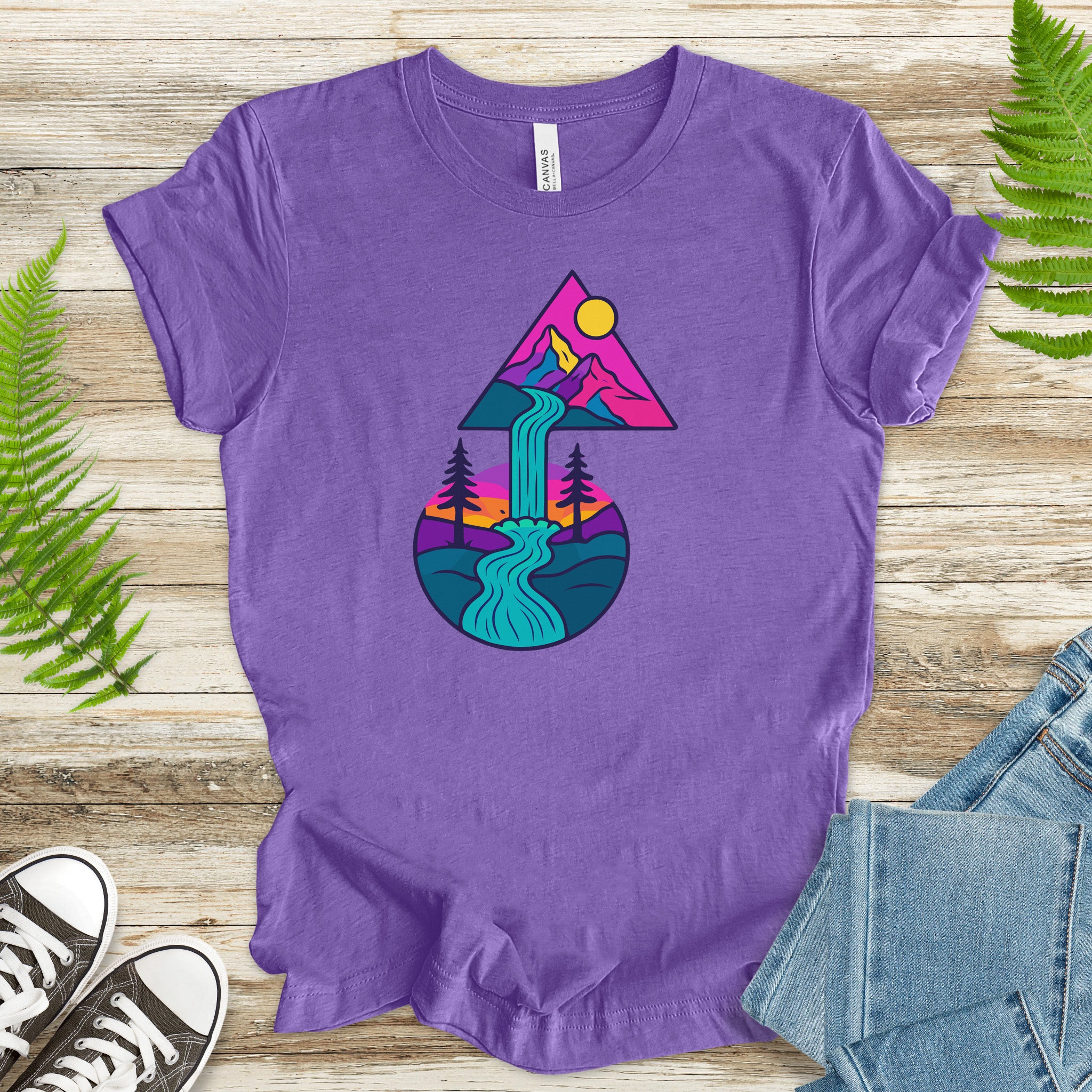 Psychedelic Mountain Waterfall T-Shirt – Colorful Geometric Nature Art Tee