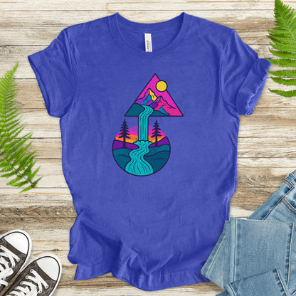 Psychedelic Mountain Waterfall T-Shirt – Colorful Geometric Nature Art Tee
