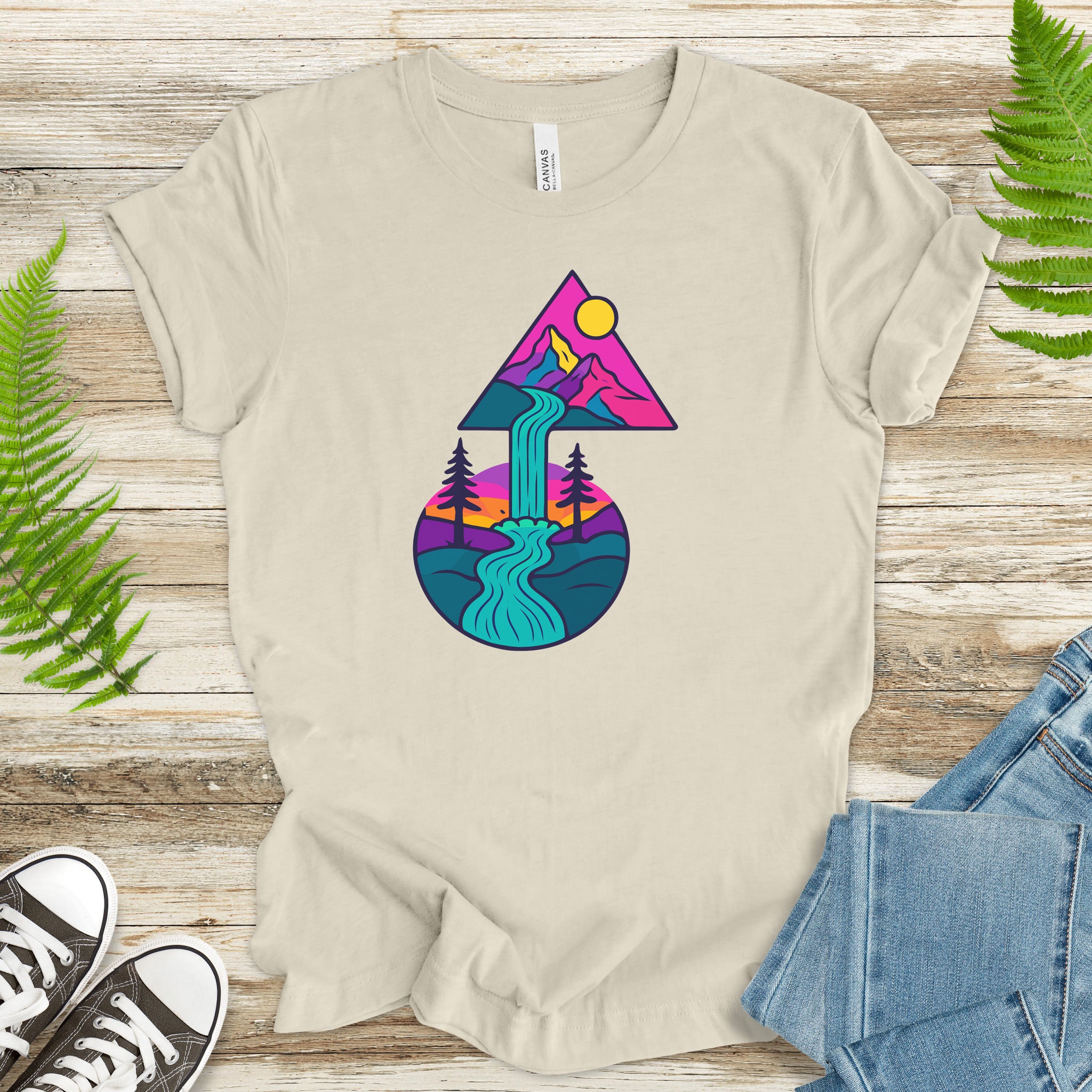 Psychedelic Mountain Waterfall T-Shirt – Colorful Geometric Nature Art Tee
