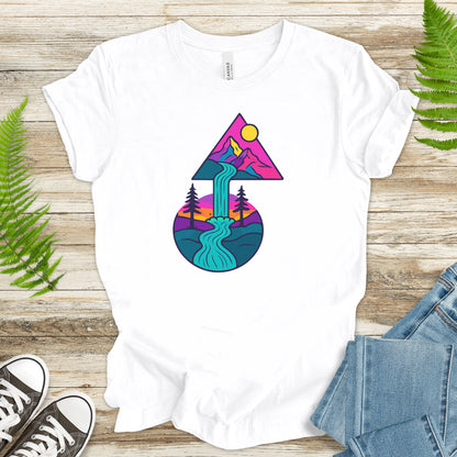 Psychedelic Mountain Waterfall T-Shirt – Colorful Geometric Nature Art Tee