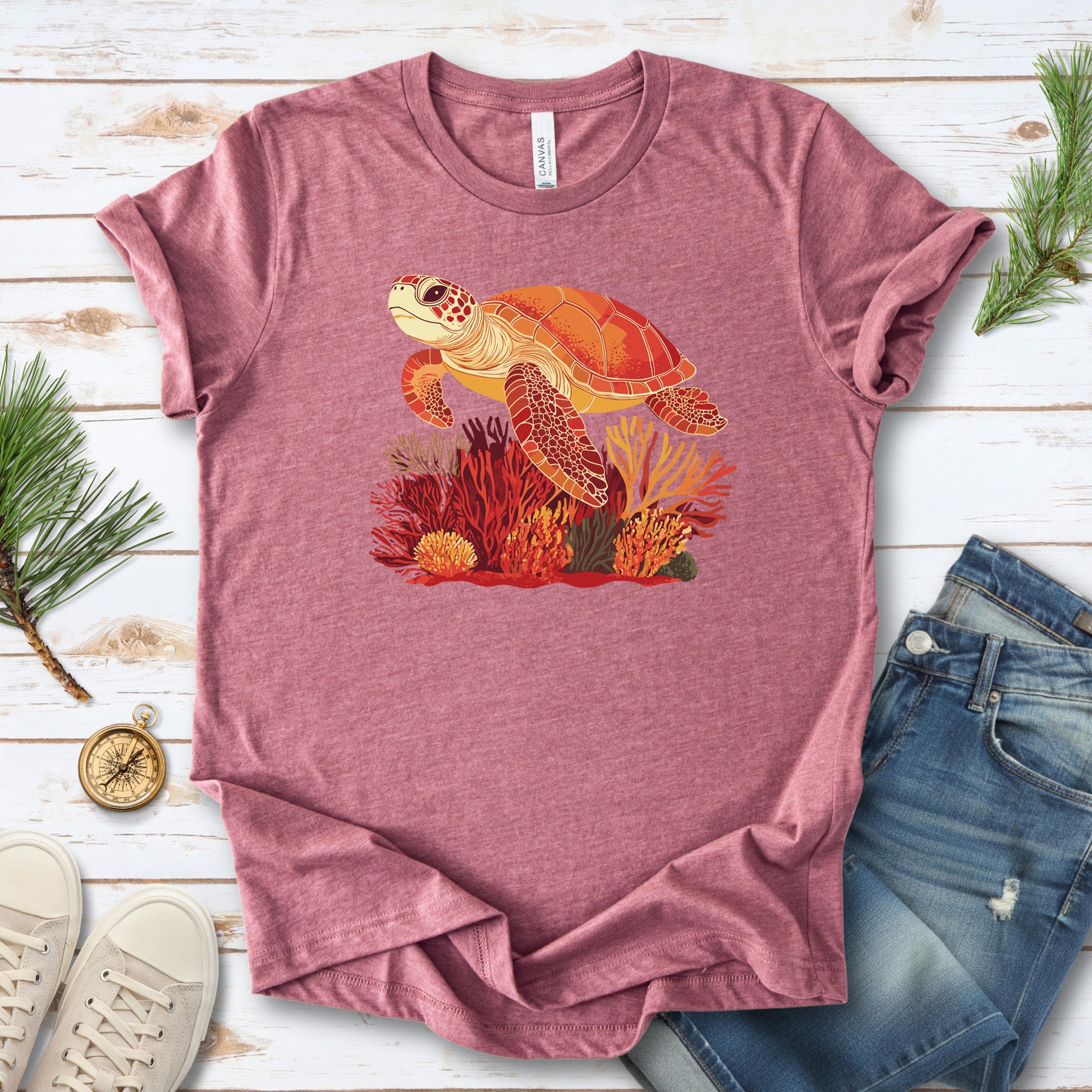 Colorful Sea Turtle T-Shirt – Swimming with Coral