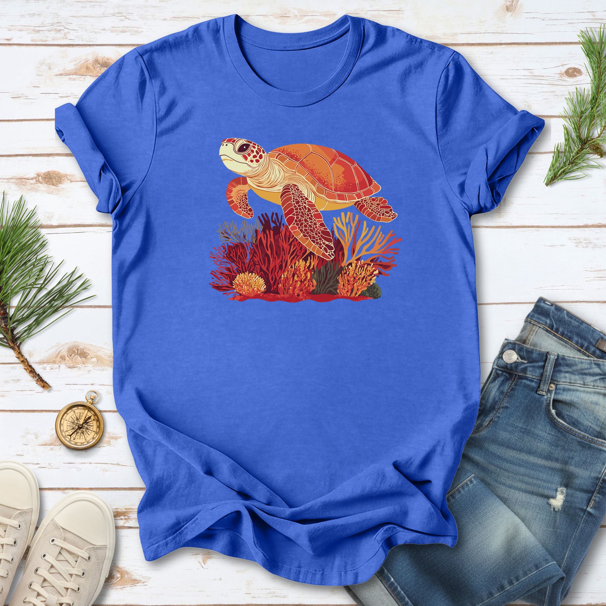 Colorful Sea Turtle T-Shirt – Swimming with Coral