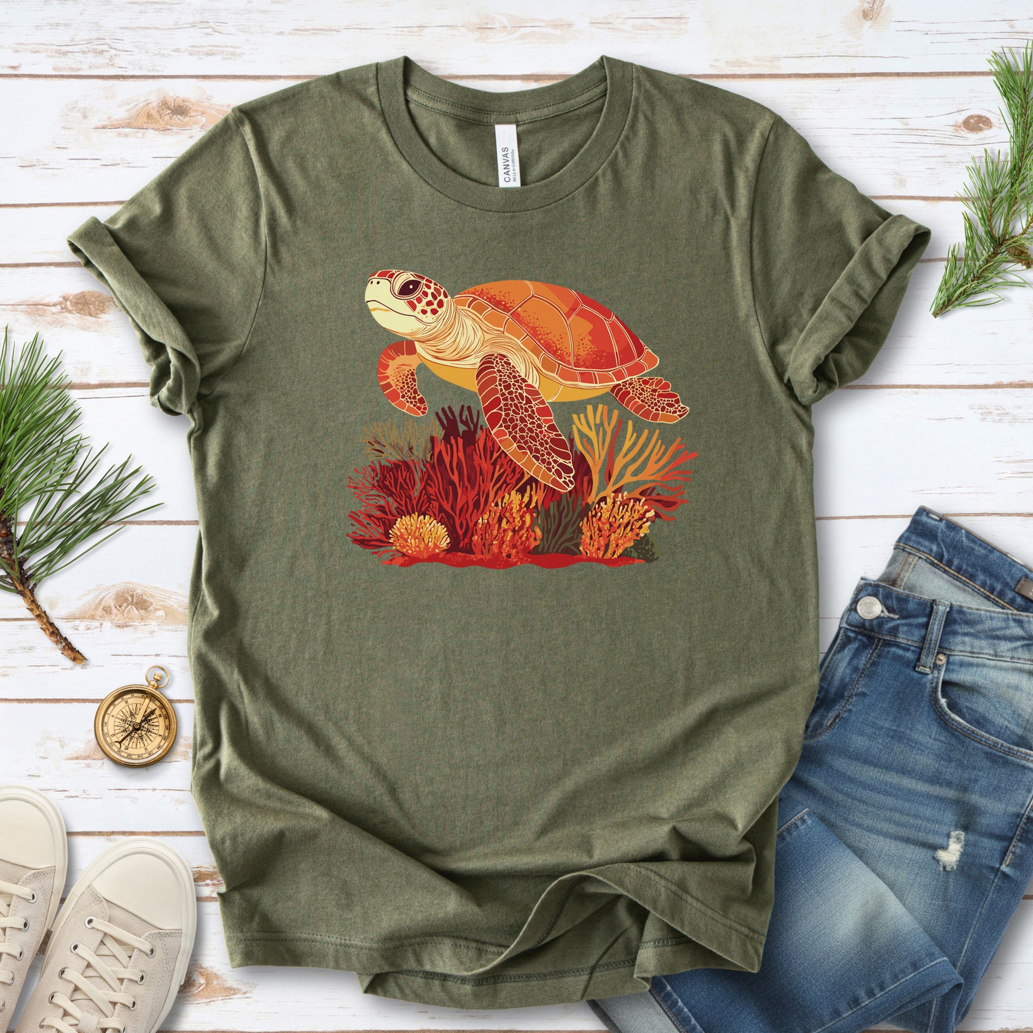 Colorful Sea Turtle T-Shirt – Swimming with Coral