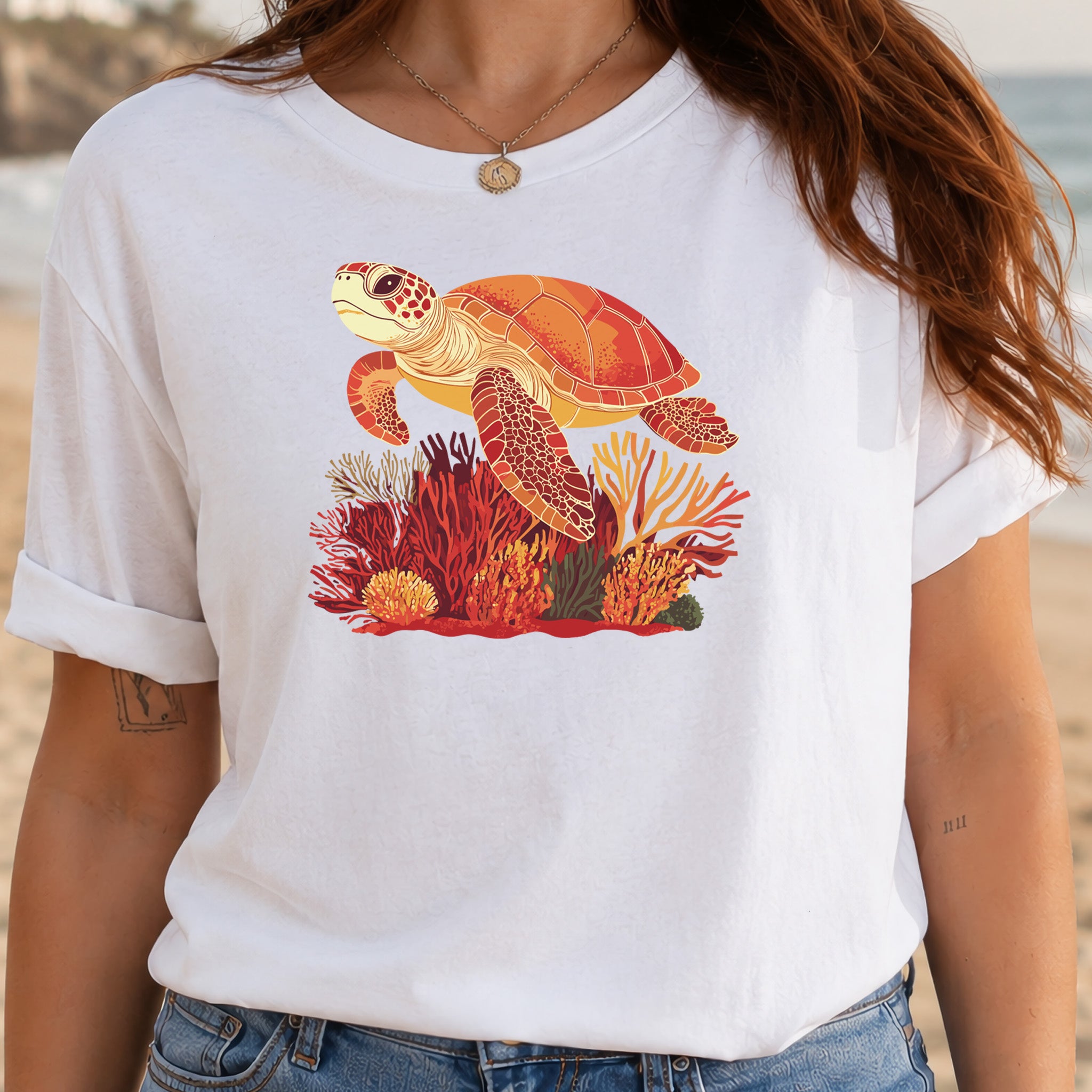 Colorful Sea Turtle T-Shirt – Swimming with Coral