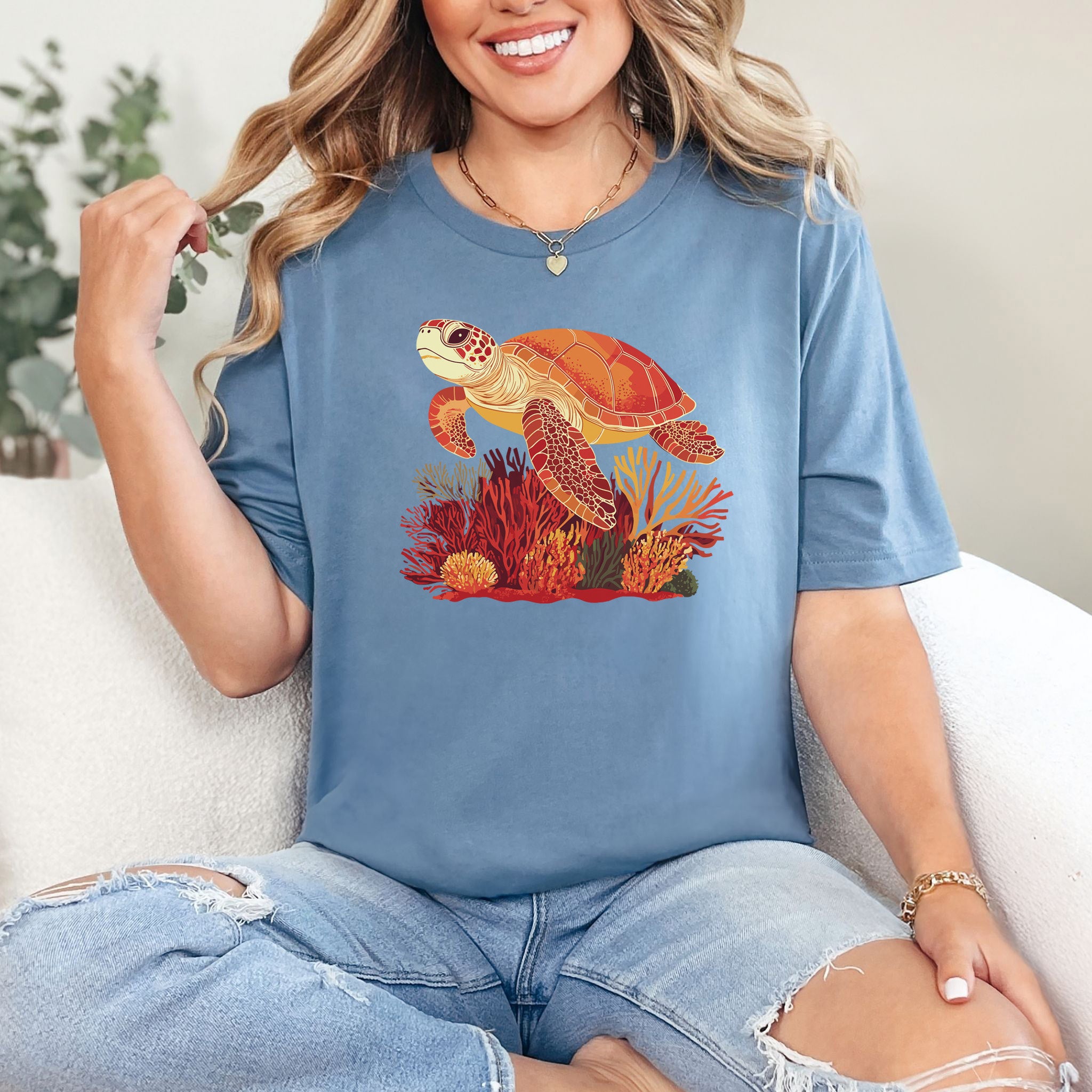 Colorful Sea Turtle T-Shirt – Swimming with Coral