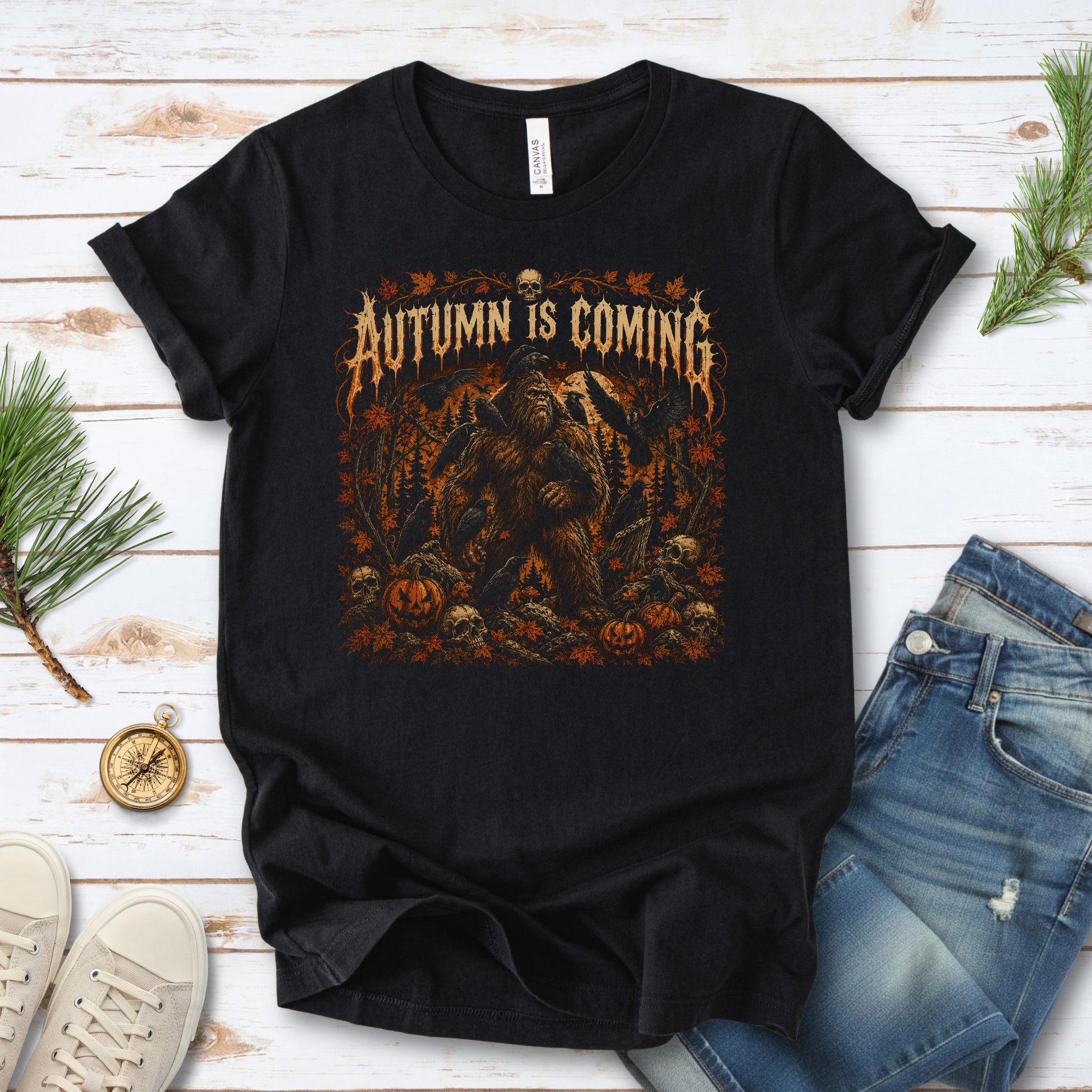 Autumn Is Coming Bigfoot Raven Halloween Gothic Fall T-Shirt