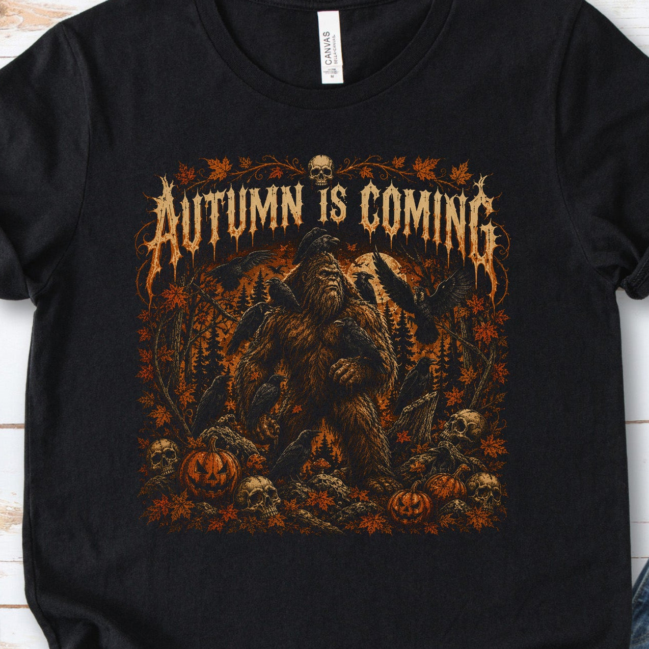 Autumn Is Coming Bigfoot Raven Halloween Gothic Fall T-Shirt