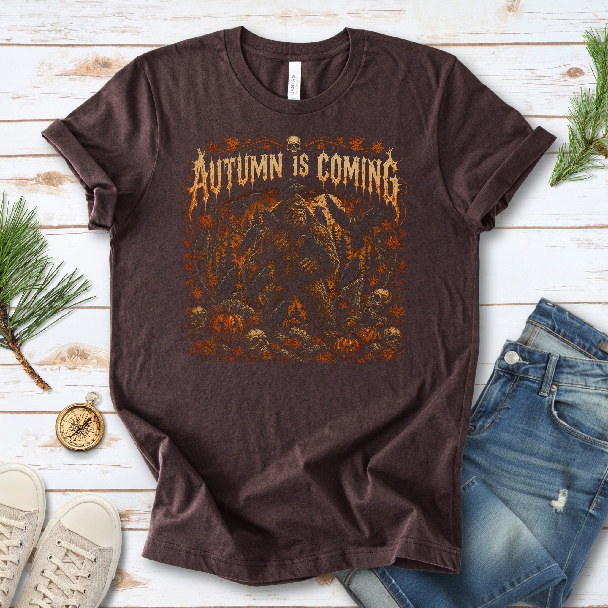Autumn Is Coming Bigfoot Raven Halloween Gothic Fall T-Shirt