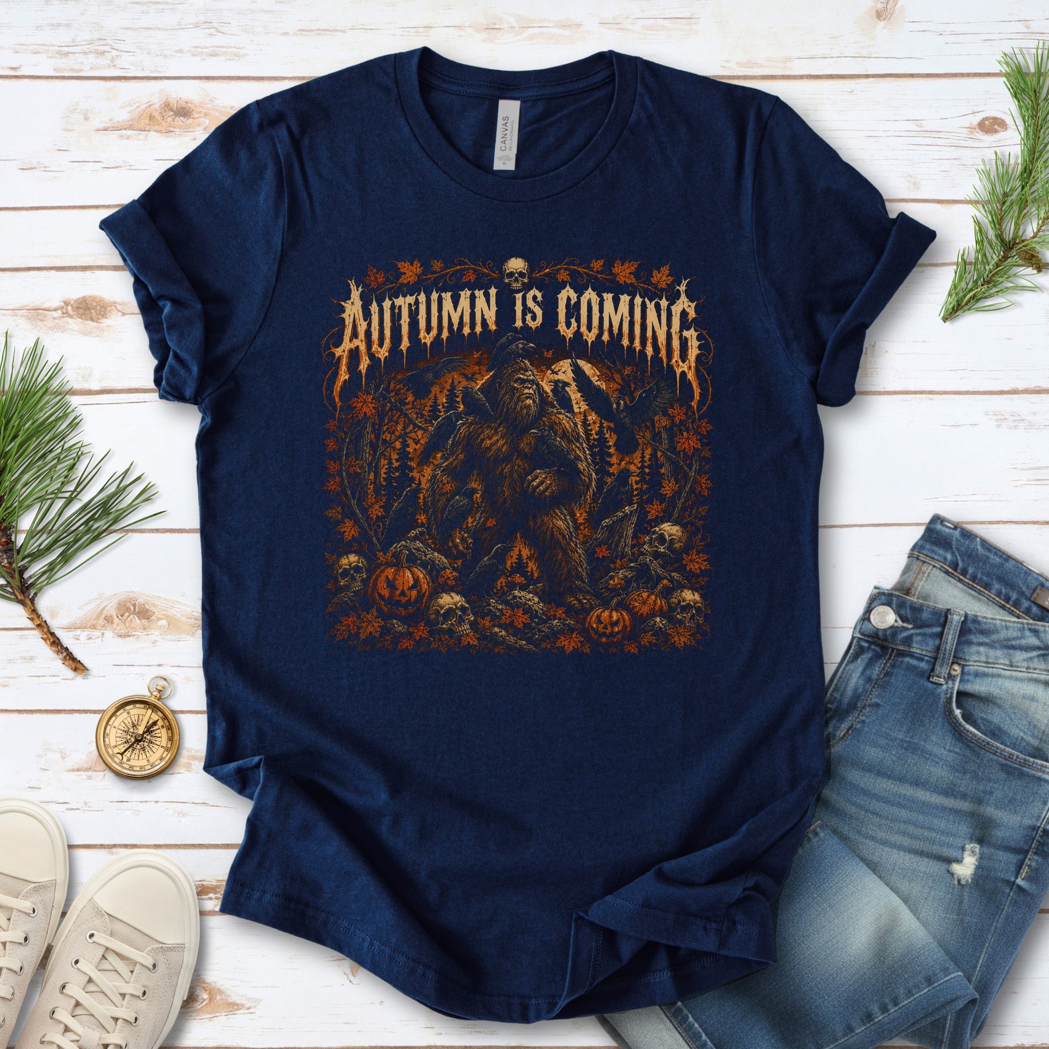 Autumn Is Coming Bigfoot Raven Halloween Gothic Fall T-Shirt