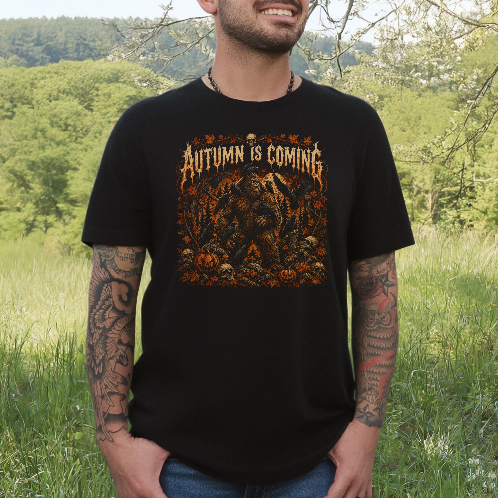 Autumn Is Coming Bigfoot Raven Halloween Gothic Fall T-Shirt