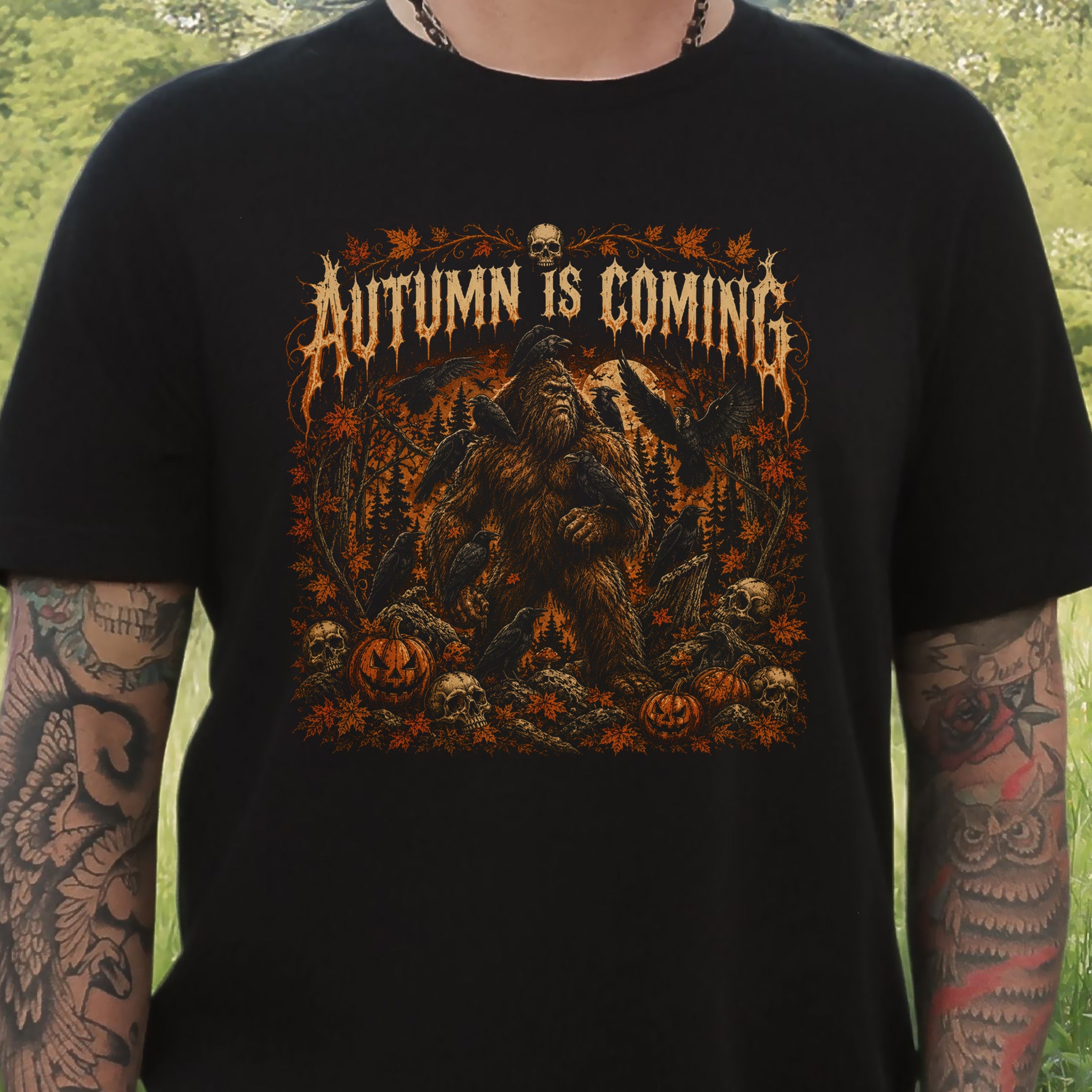 Autumn Is Coming Bigfoot Raven Halloween Gothic Fall T-Shirt