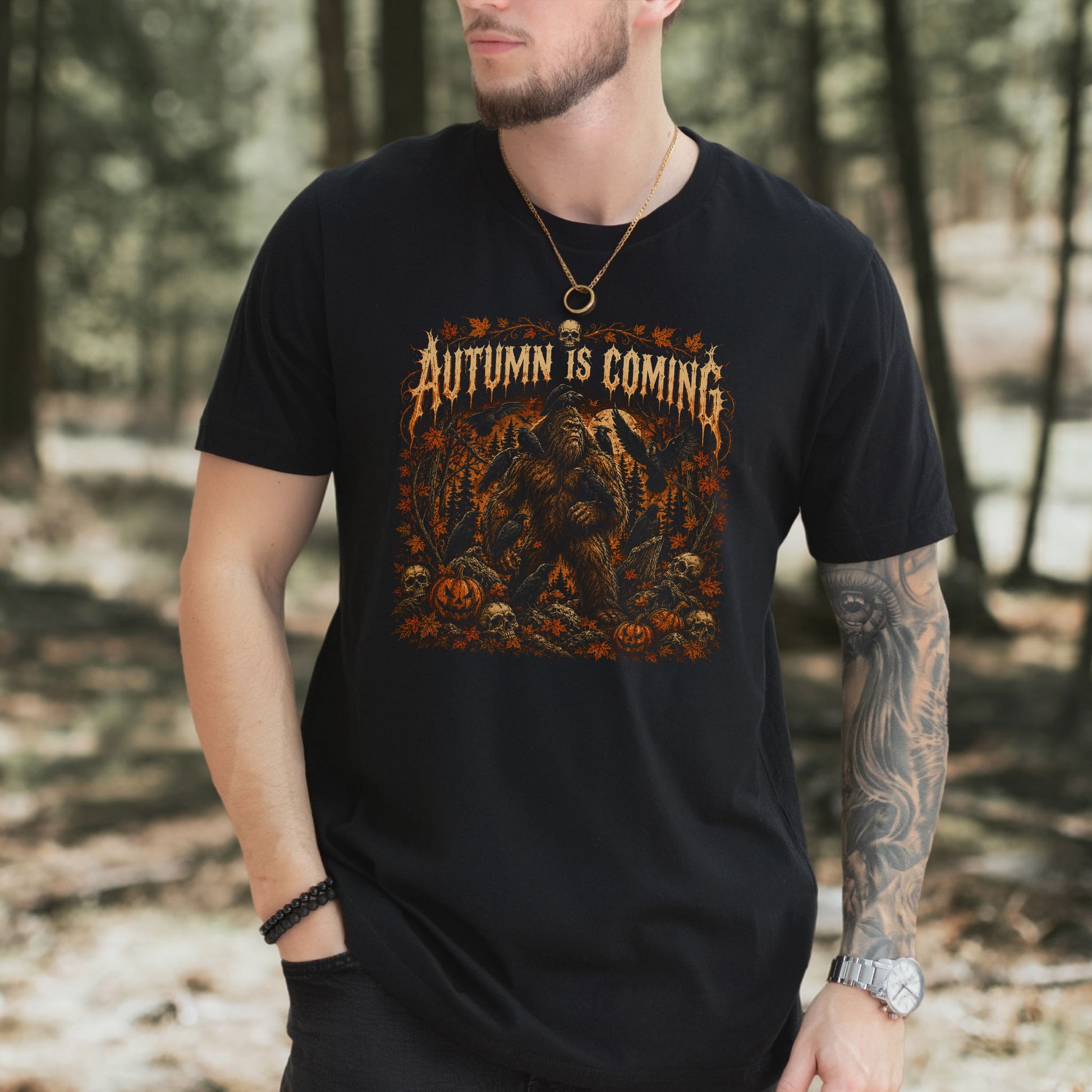 Autumn Is Coming Bigfoot Raven Halloween Gothic Fall T-Shirt