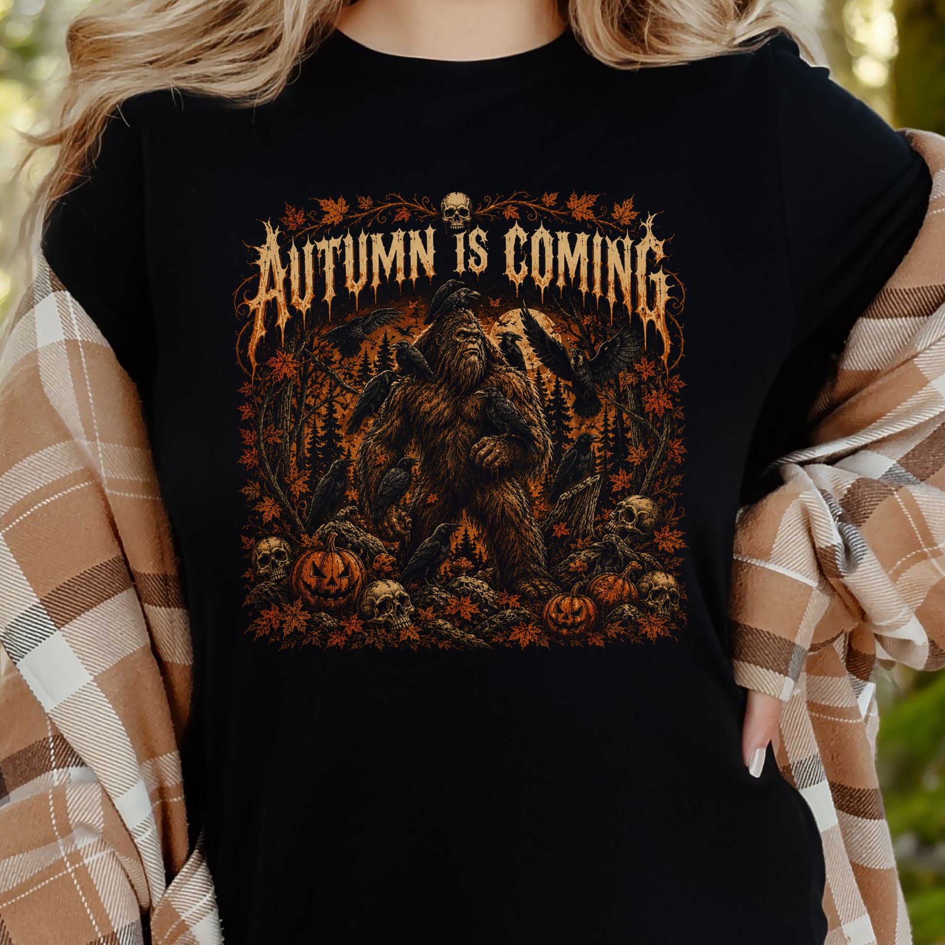 Autumn Is Coming Bigfoot Raven Halloween Gothic Fall T-Shirt