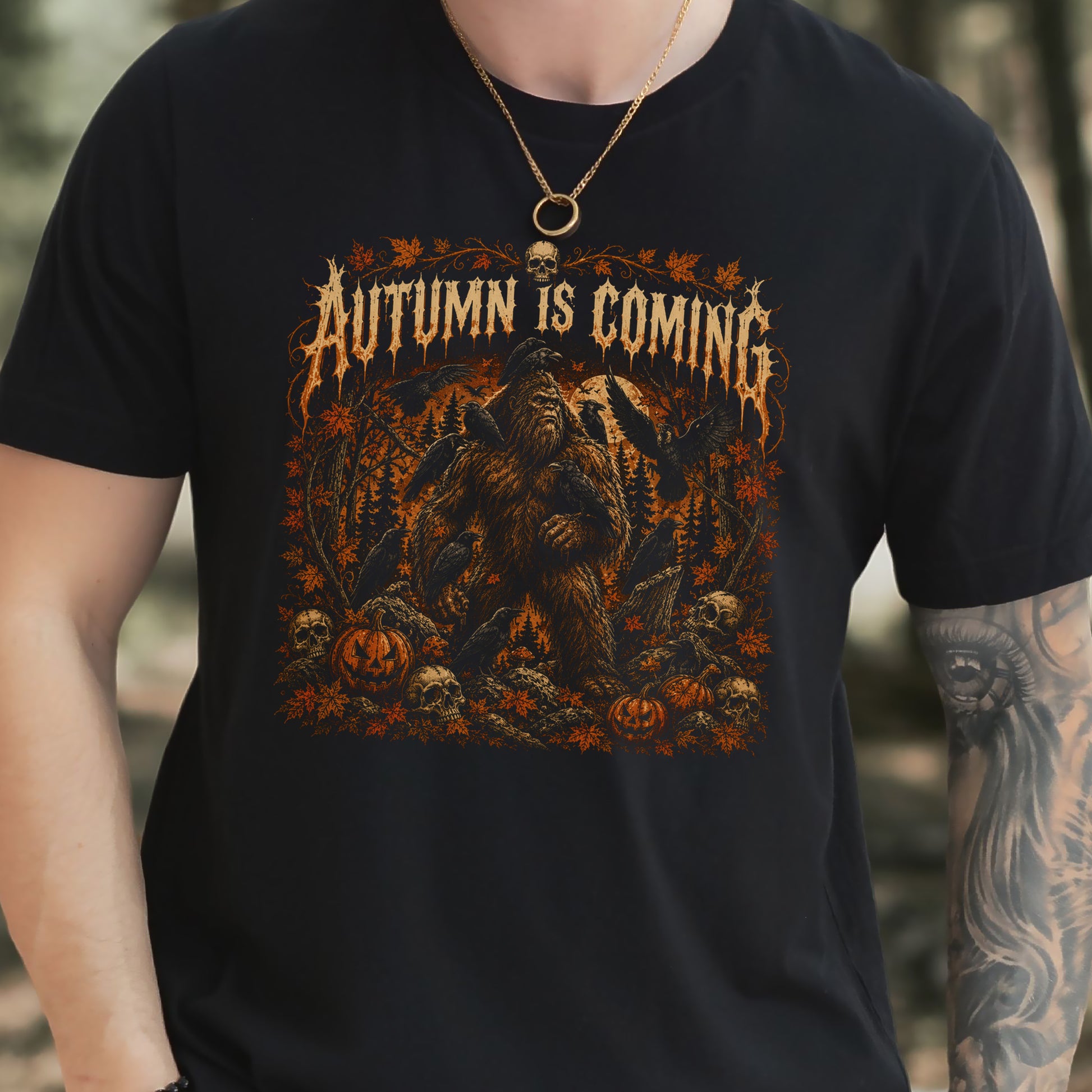 Autumn Is Coming Bigfoot Raven Halloween Gothic Fall T-Shirt
