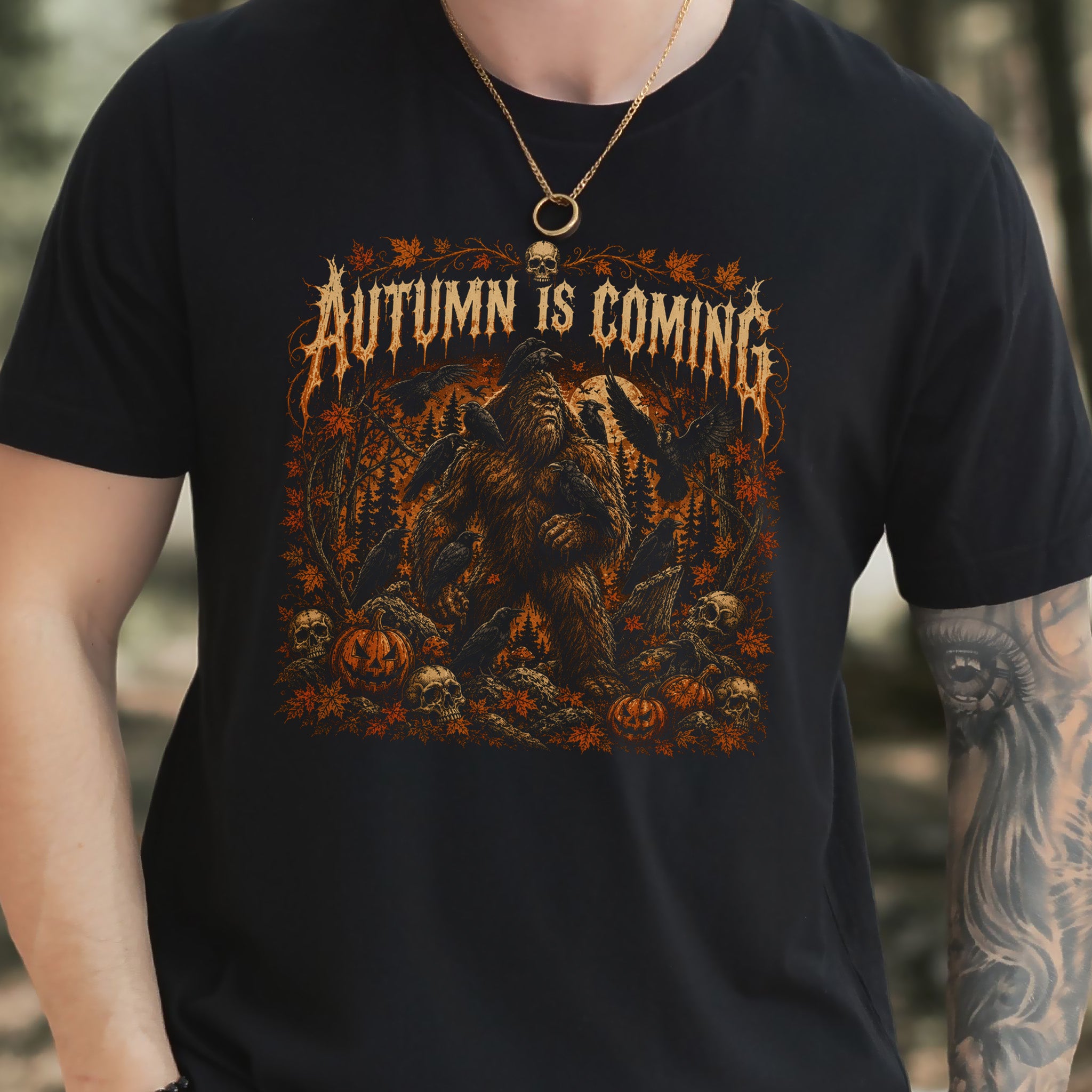 Autumn Is Coming Bigfoot Raven Halloween Gothic Fall T-Shirt