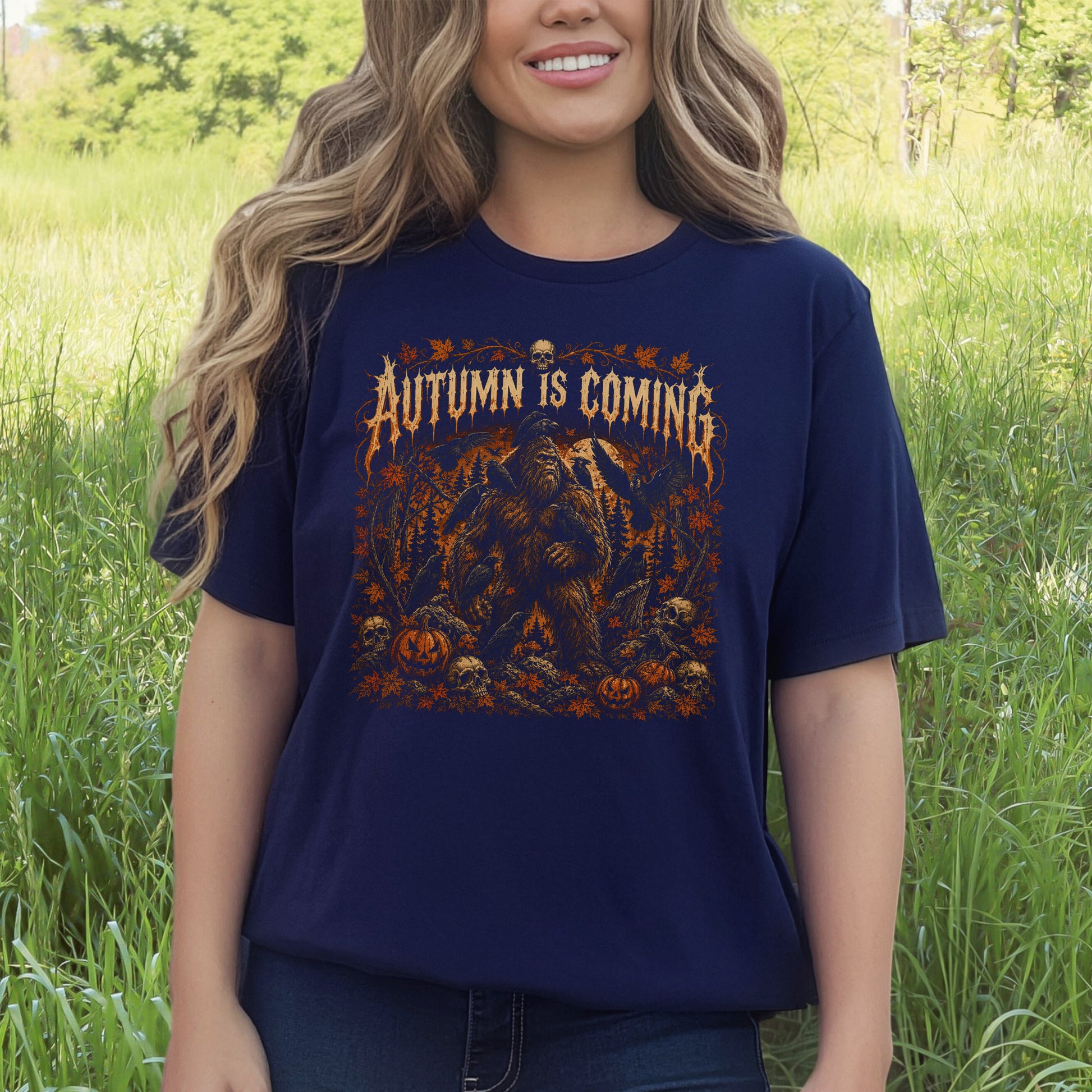 Autumn Is Coming Bigfoot Raven Halloween Gothic Fall T-Shirt
