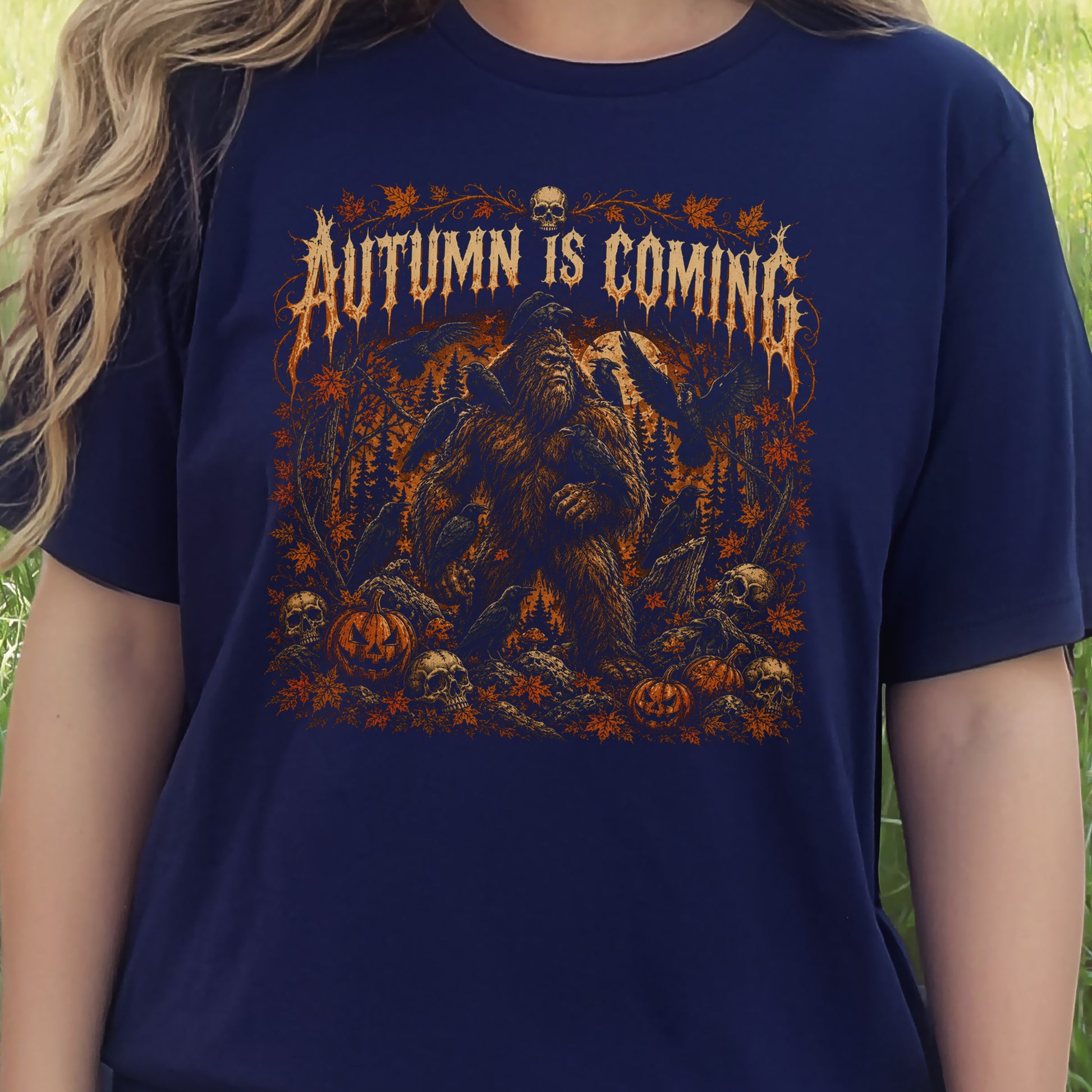 Autumn Is Coming Bigfoot Raven Halloween Gothic Fall T-Shirt