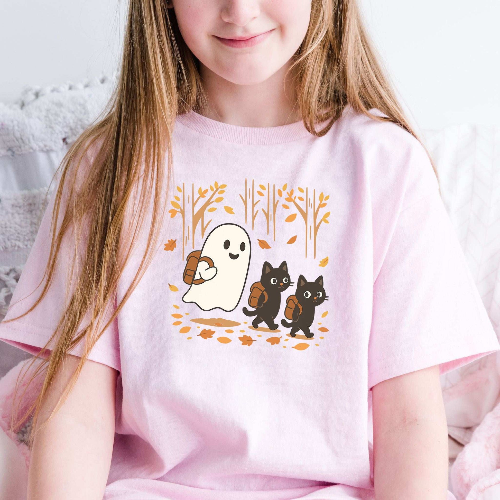 Autumn Ghost & Black Cat Youth Tee – Cozy Spooky Hiking Vibes