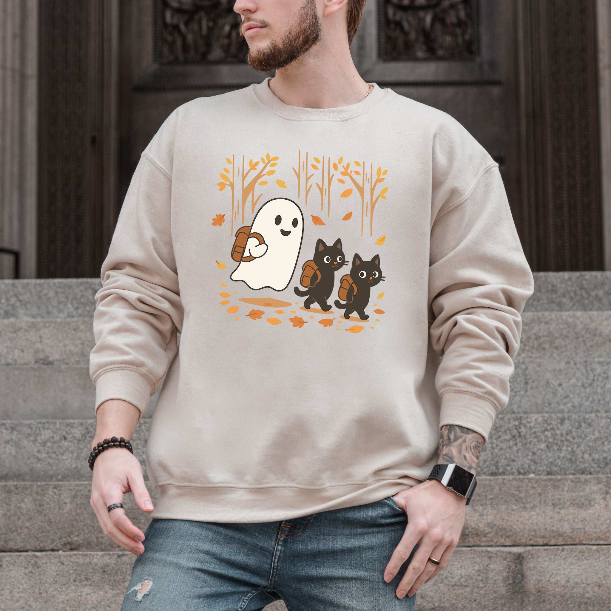 Autumn Ghost & Black Cats Sweatshirt – Cozy Spooky Hiking Magic