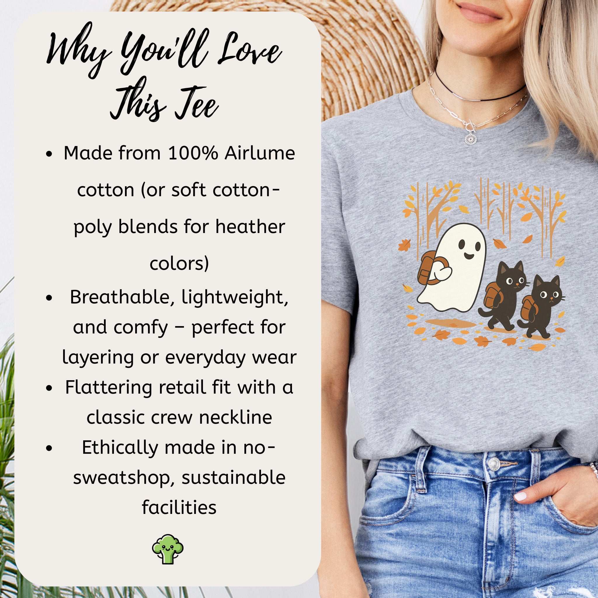 Autumn Ghost & Black Cats T-Shirt – Cozy Spooky Hiking Vibes