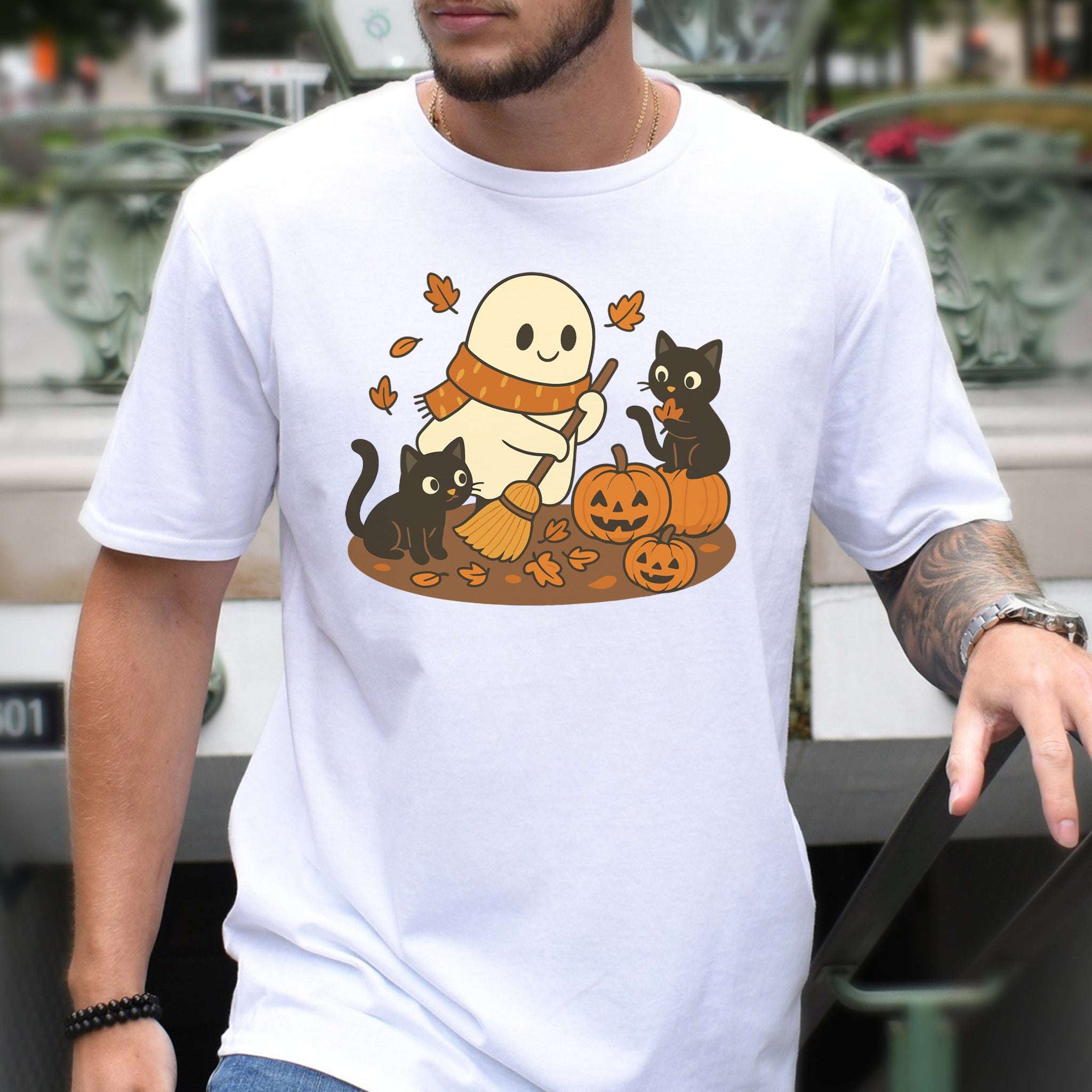 Autumn Ghost & Black Cats T-Shirt – Pumpkin Patch Cozy Vibes